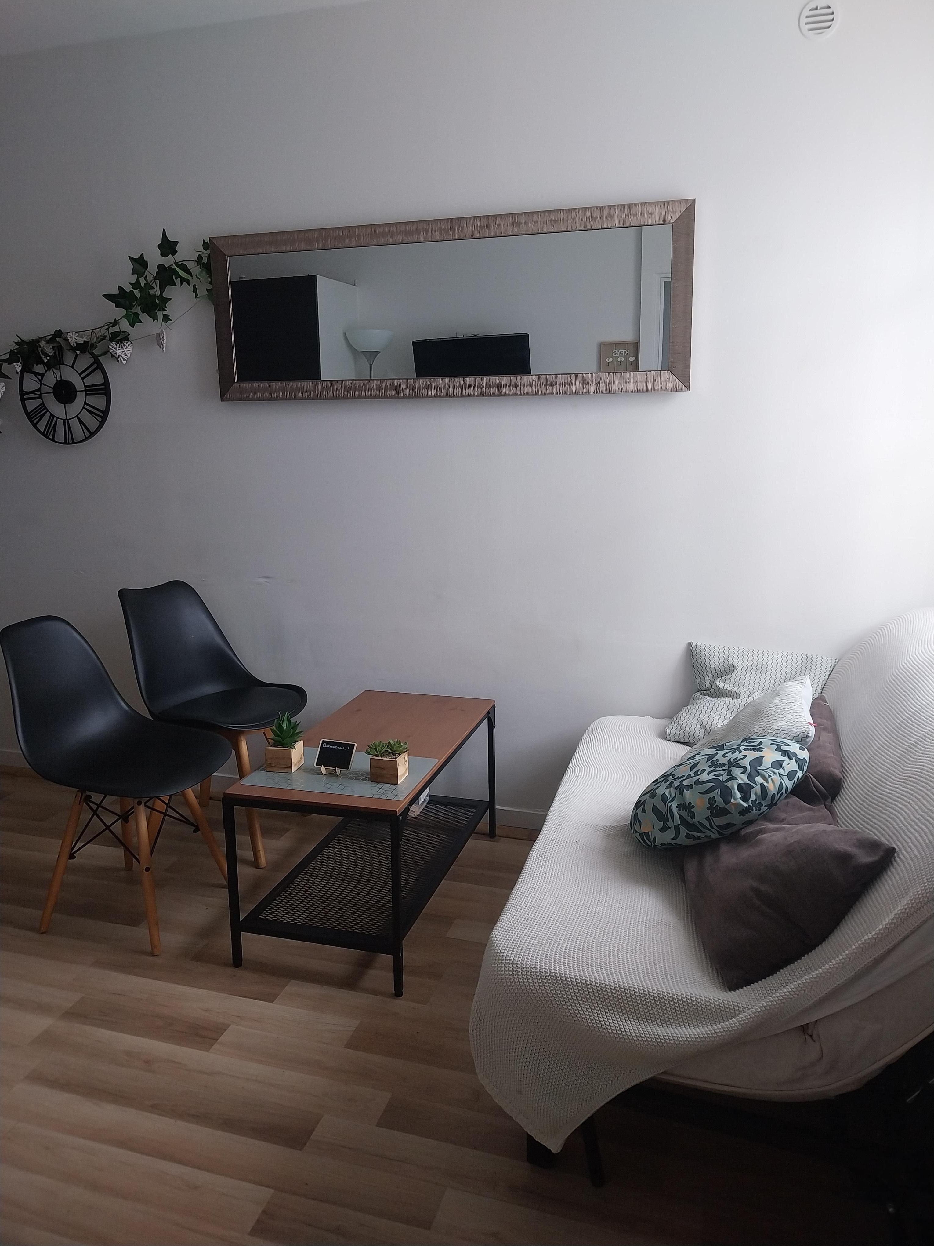 Le coin détente face à la télévision. Canapé un peu mou et table très basse 