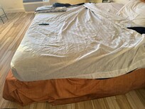 Bed skirt so dirty and the bed hanging off they are two sizes