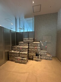 The sculptural baggage by the baggage storage entrance.