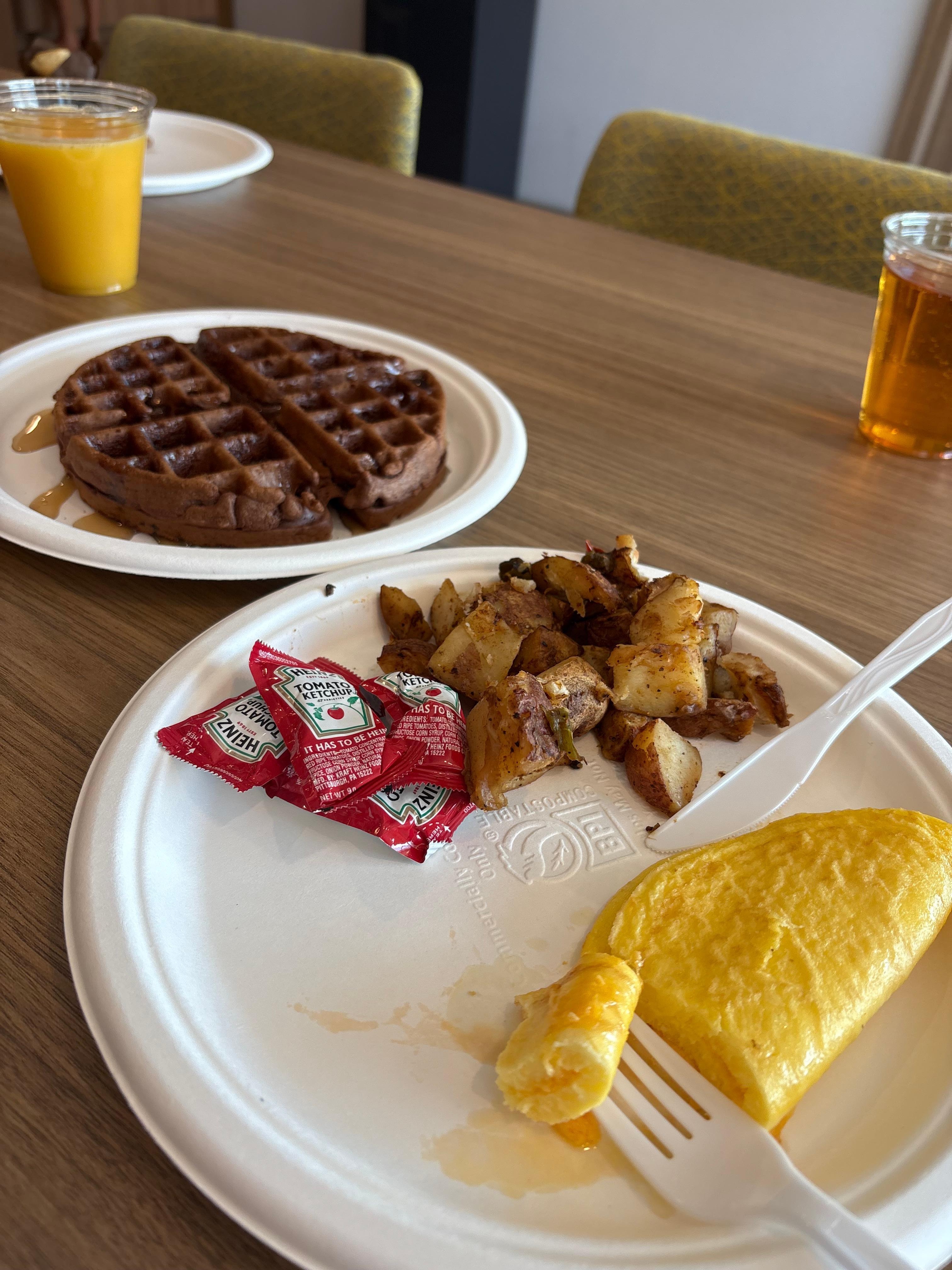 S’mores chocolate waffle, cheese omelet & potatoes! So yummy!