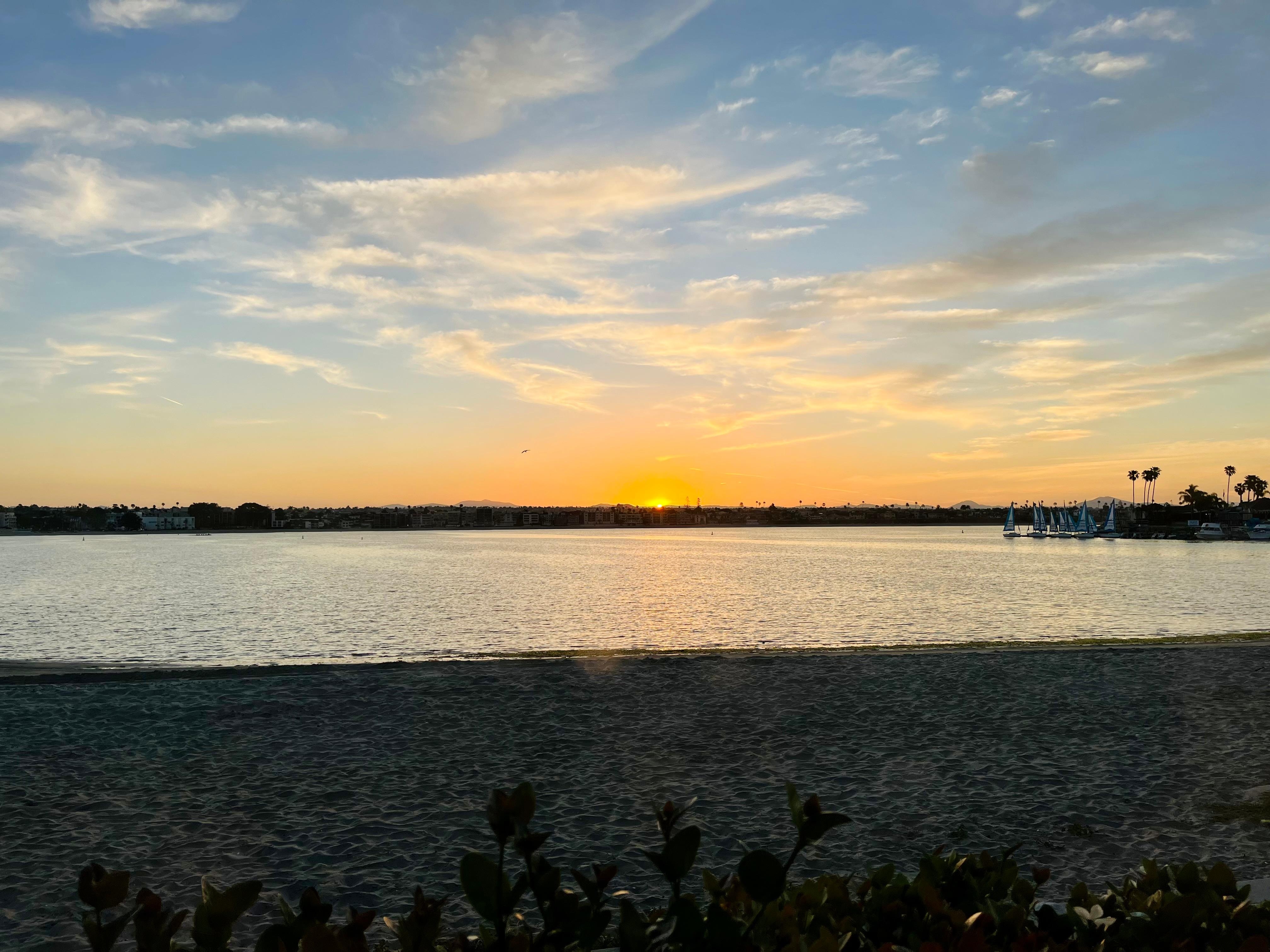 Sunrise over Mission Bay from front window. 