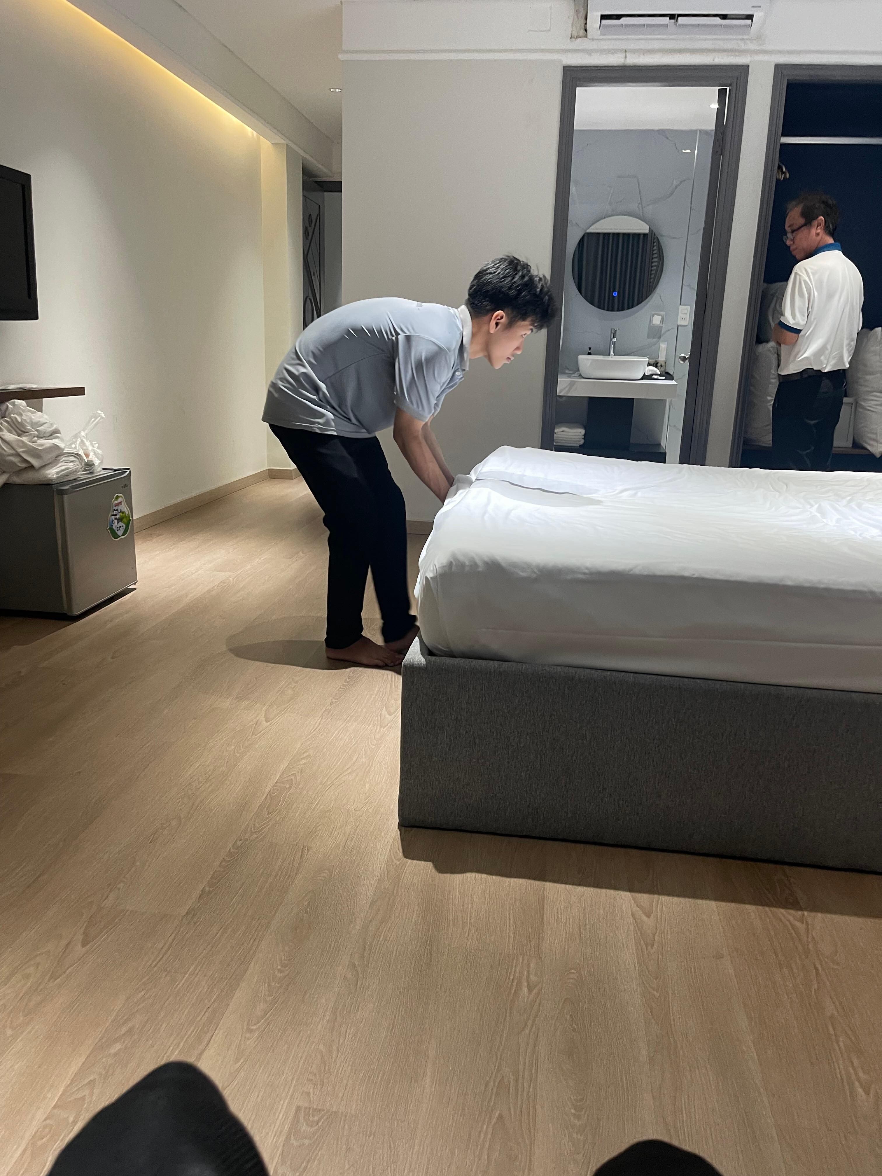 Pictures shows housekeeping also barefoot. I think this is culturally how it works but I am not used to it.