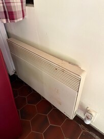 Rusty heater shows chronic damp and old plug in a fire hazard