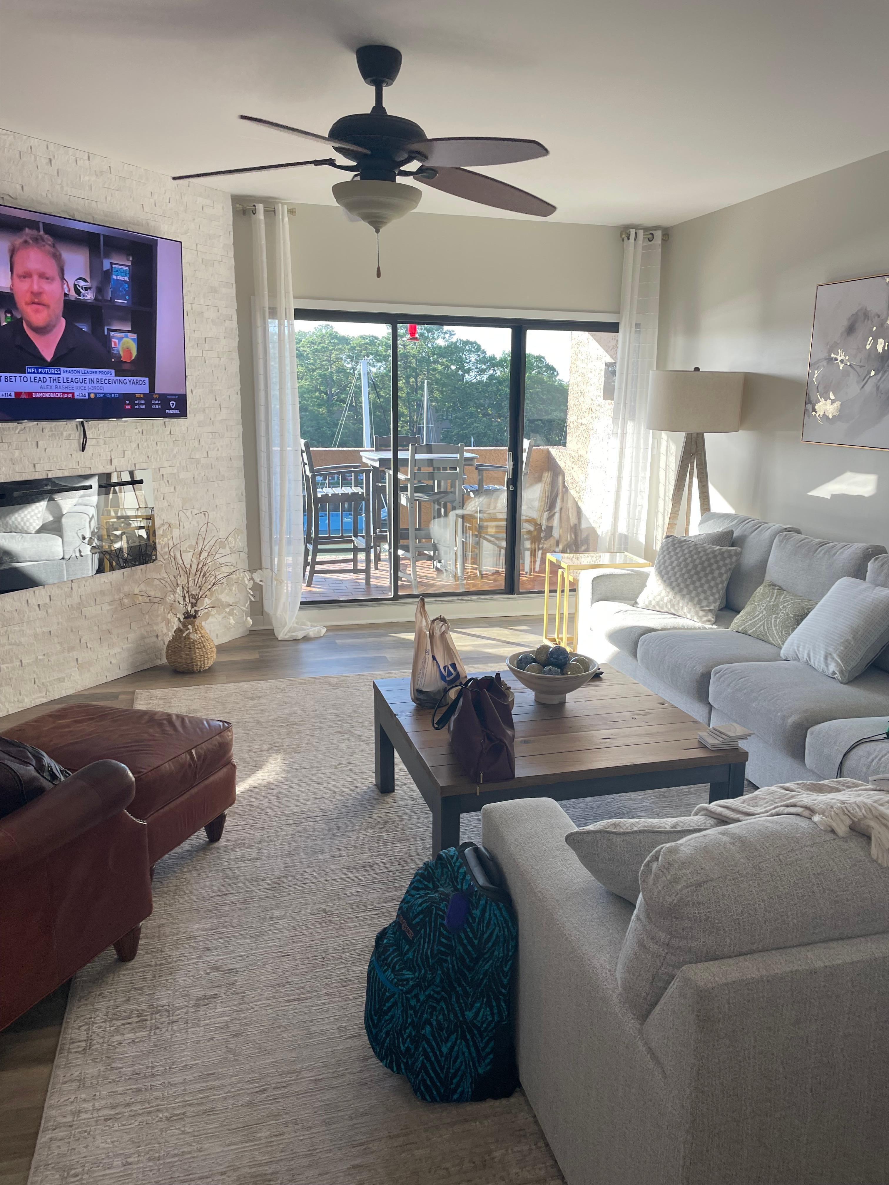 Family room is beautiful and inviting, very cozy. 