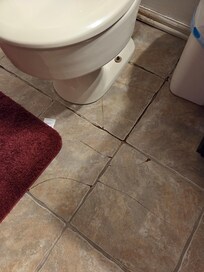 Cracked floor tiles in bathroom.