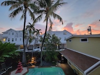 Pool view from patio at sunrise