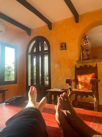 Relaxing in the living room after exploring the botanical garden all afternoon.