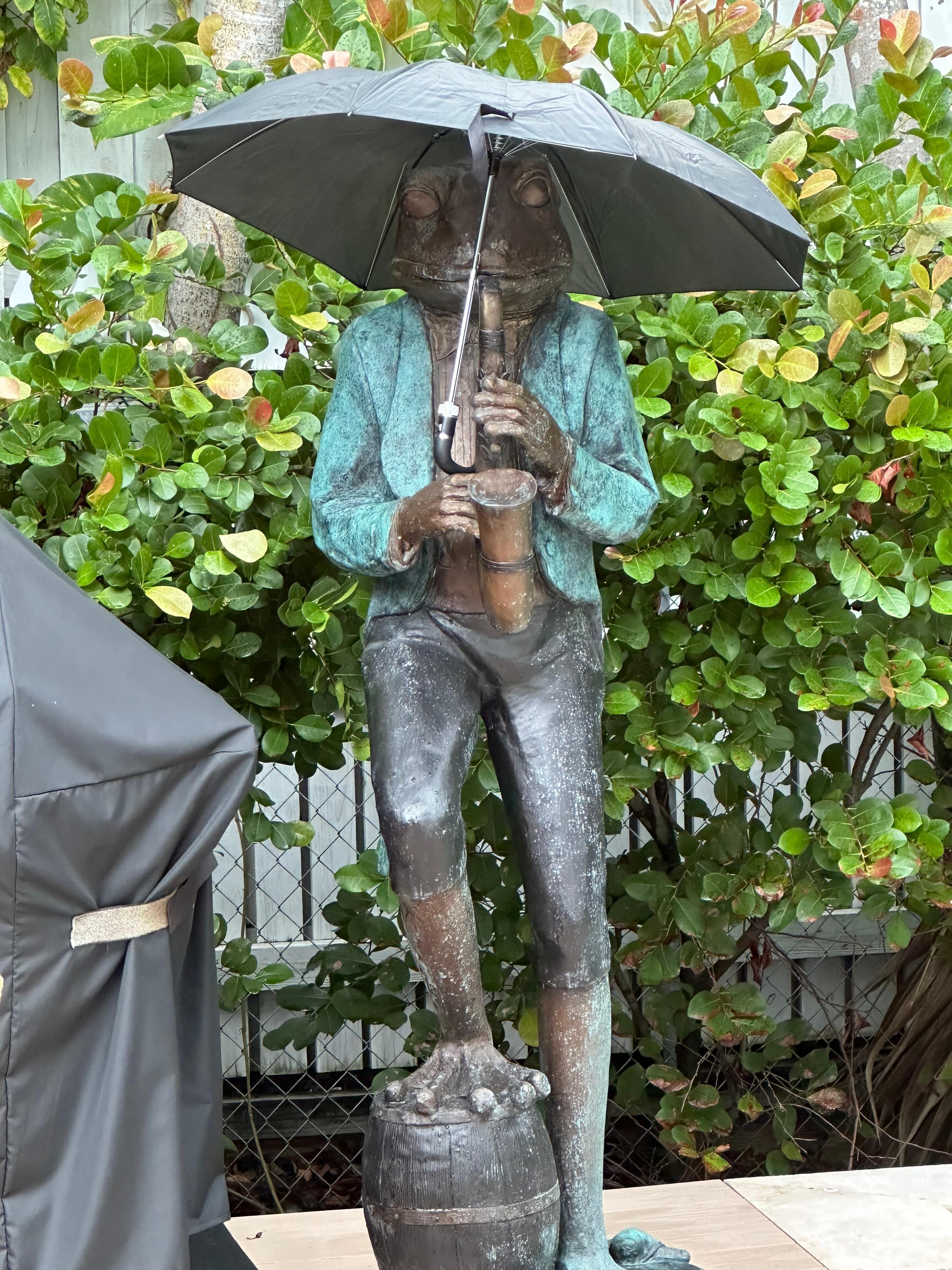 Sheltering the frog statue from the rain