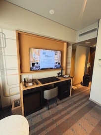 TV panel and built-in desk.