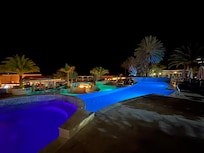 The pool area at night.
