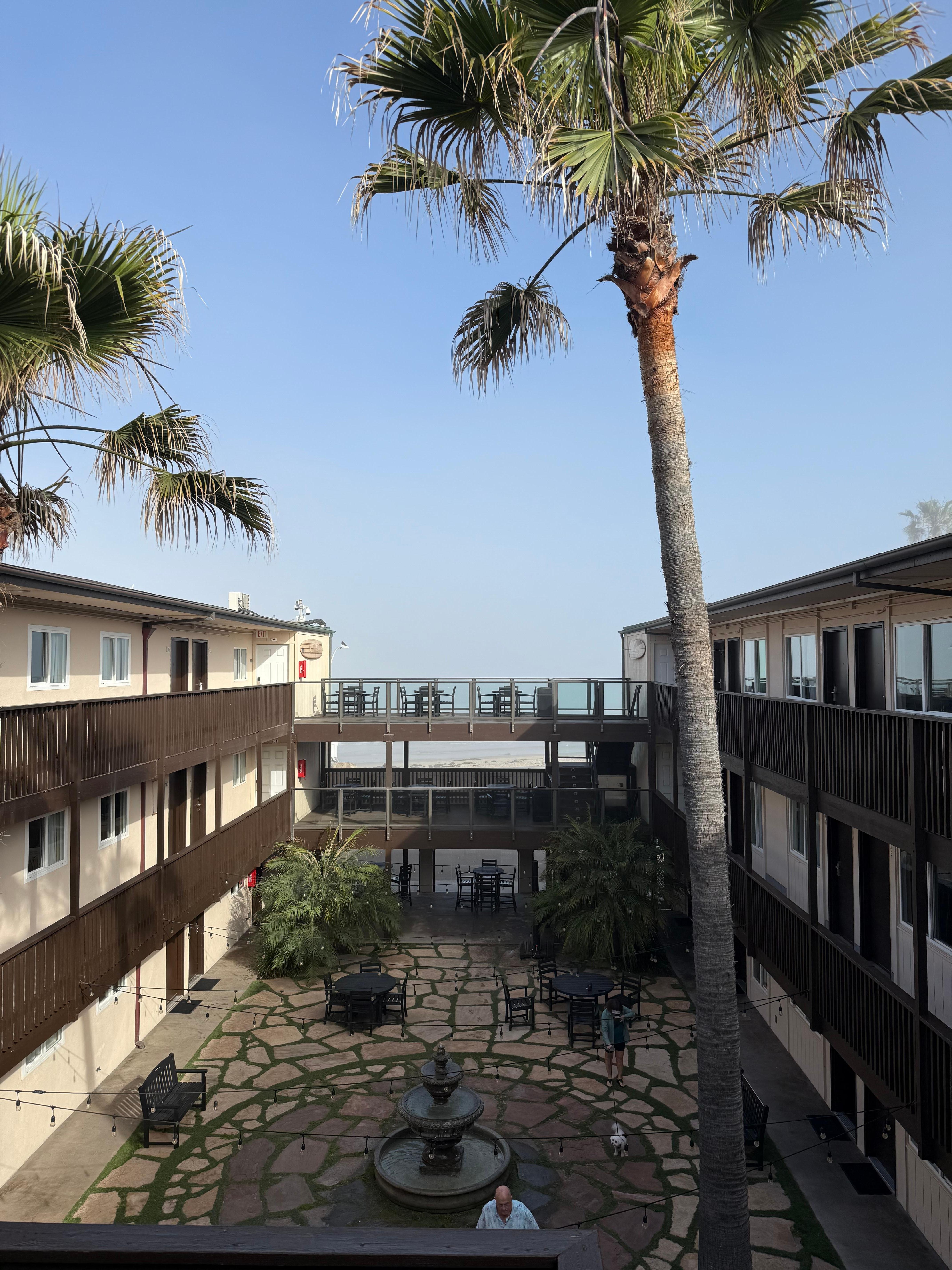 View of the courtyard looking towards the beach. 
