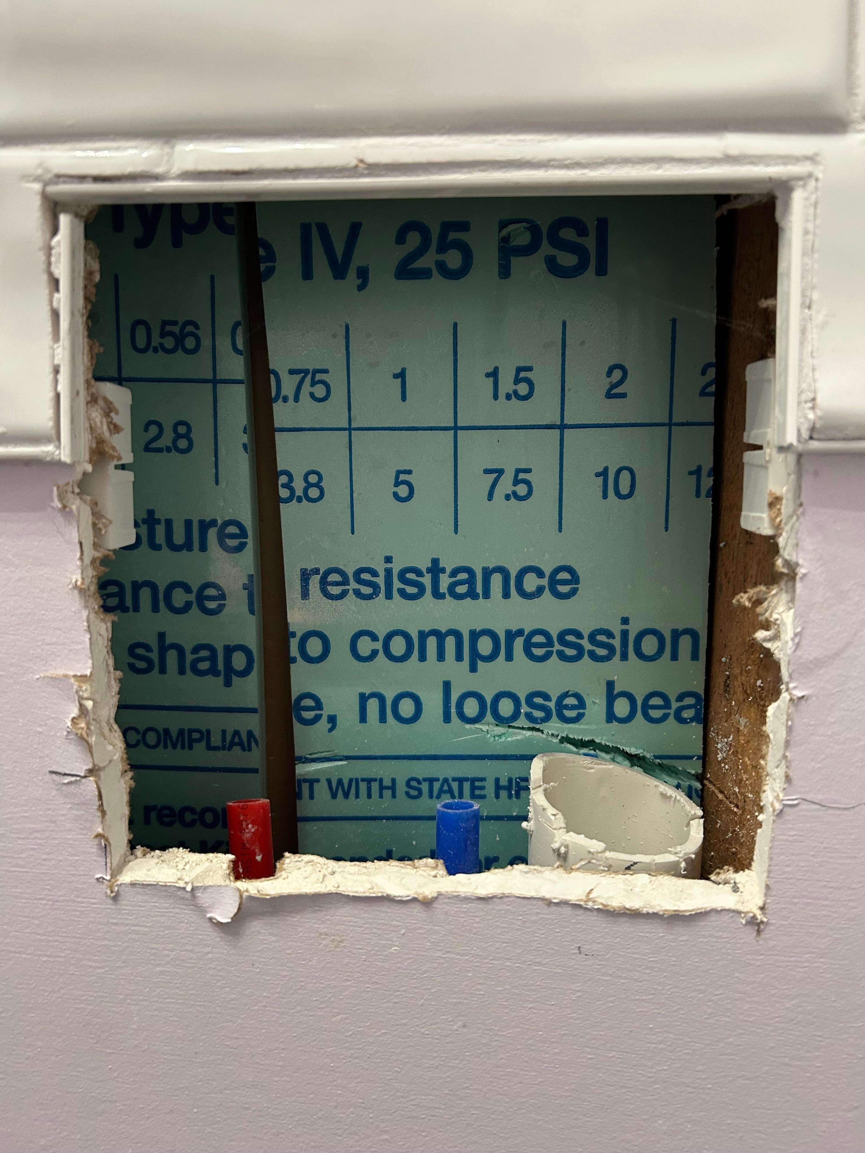 Hole in bathroom wall that could be reason for the mouse droppings we found 