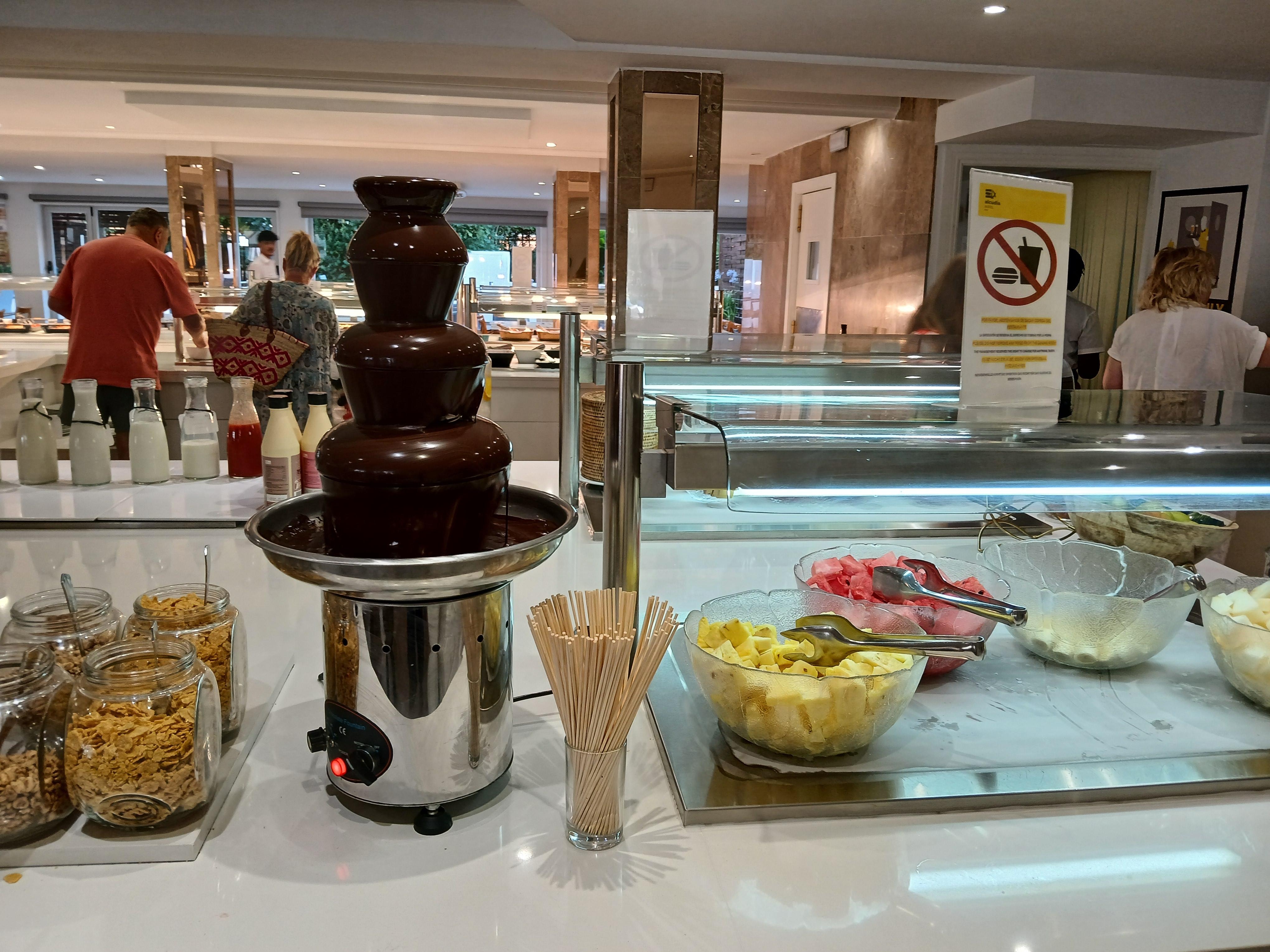 Chocolate fountain with fruit at breakfast!