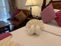 Our towels styled like elephants.