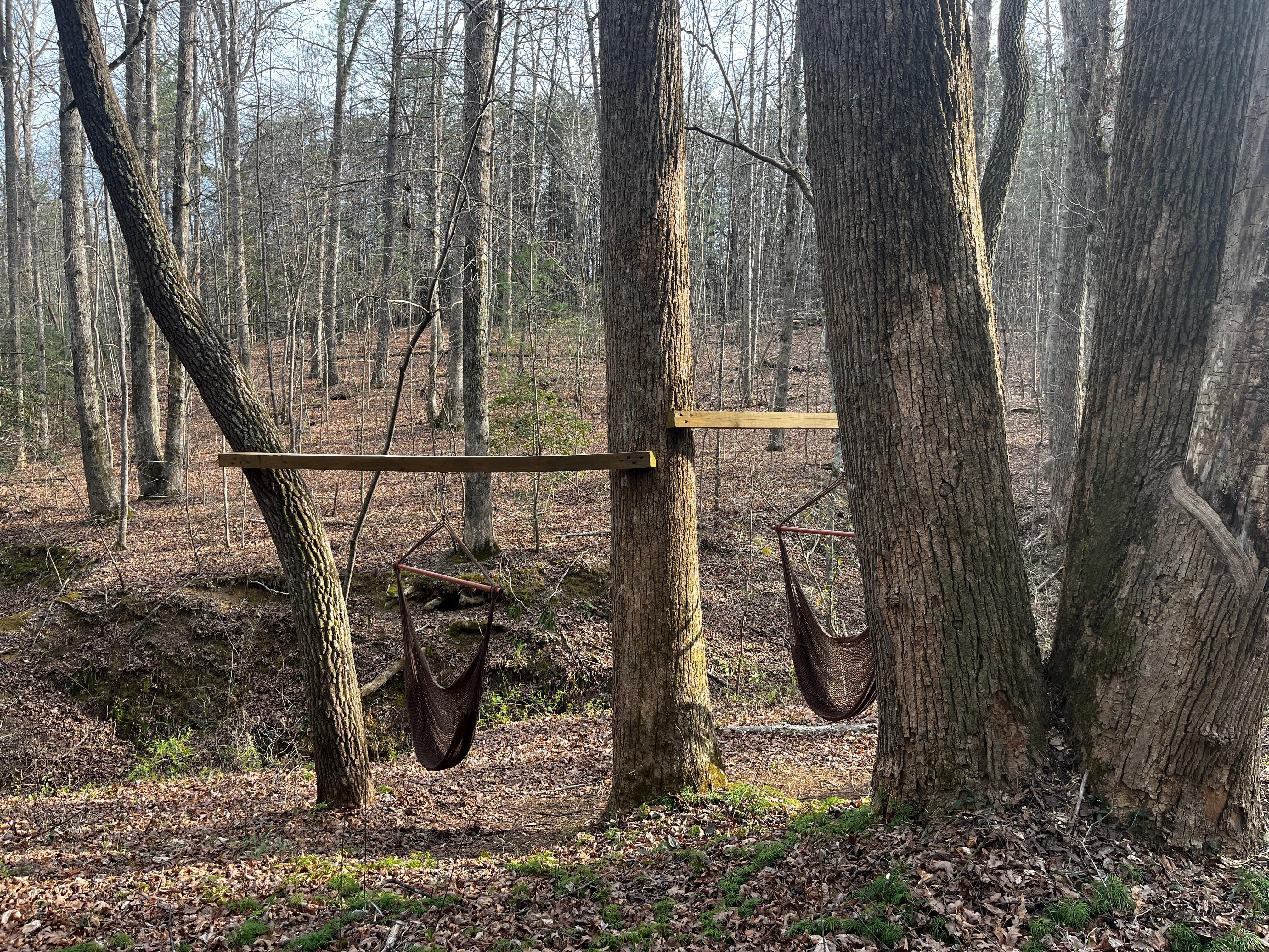 Hammock swings by the creek are a short trail walk from the property. 