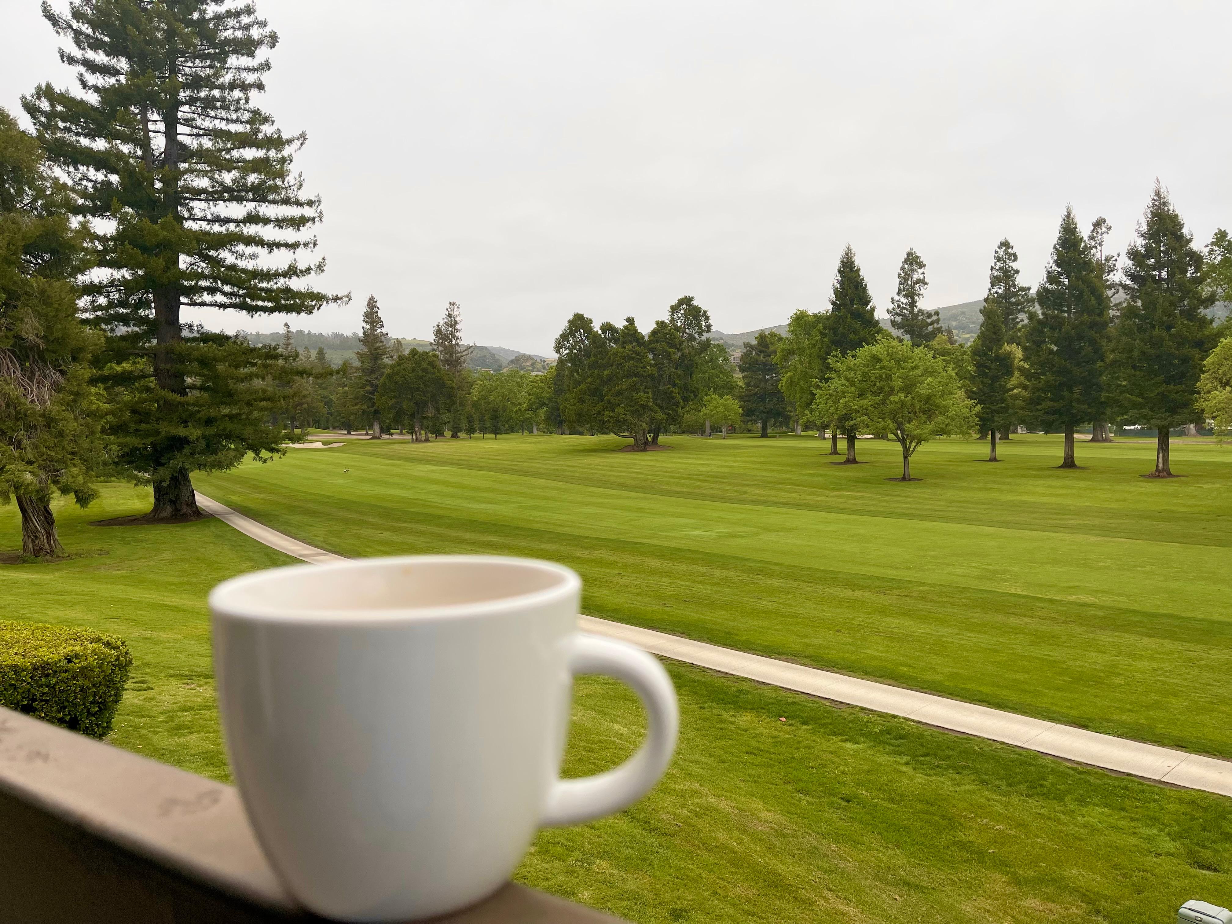 A quiet morning for coffee and relaxing, looking down the fairway. Be the ball…