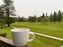A quiet morning for coffee and relaxing, looking down the fairway. Be the ball…