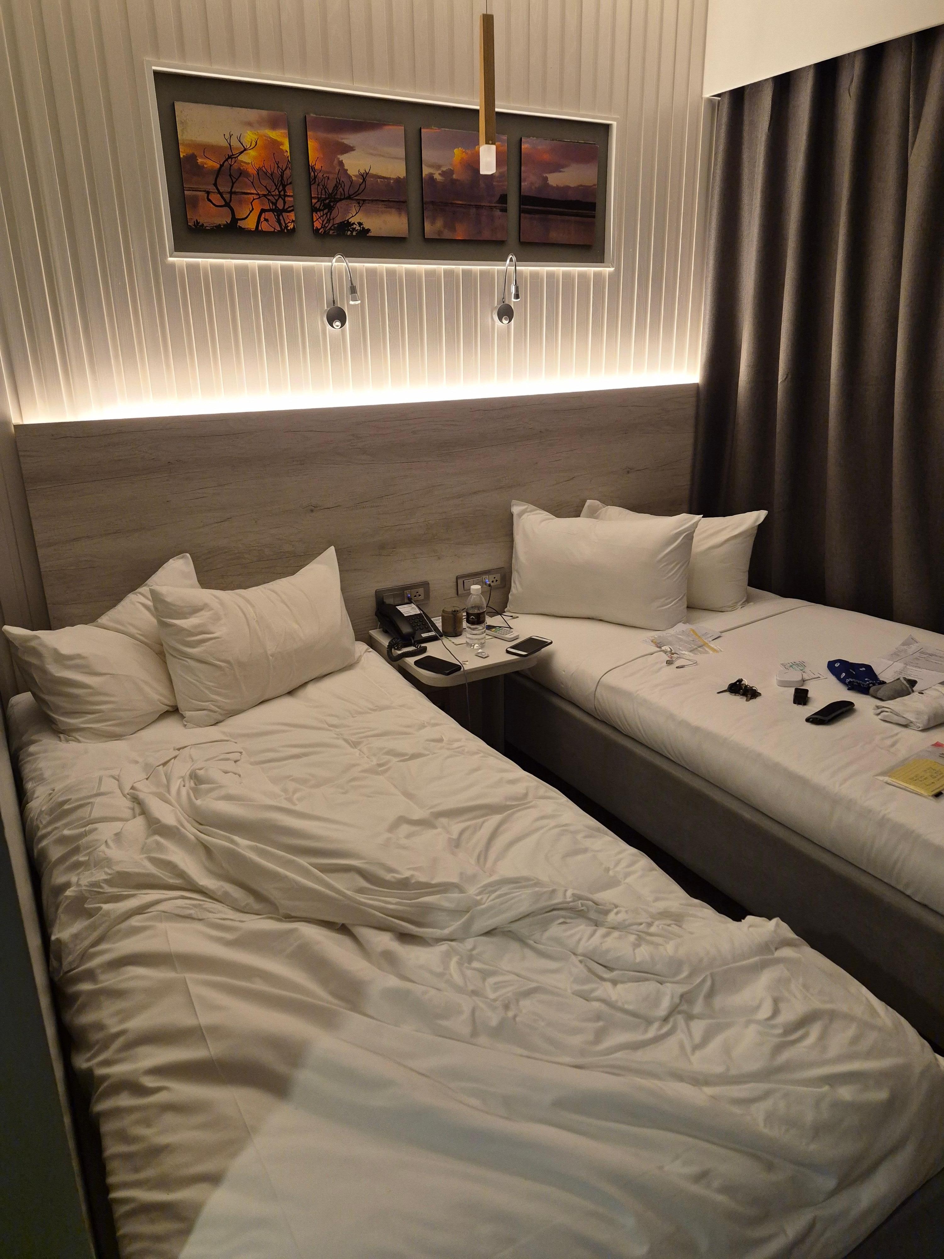 Twin beds nice bathroom 