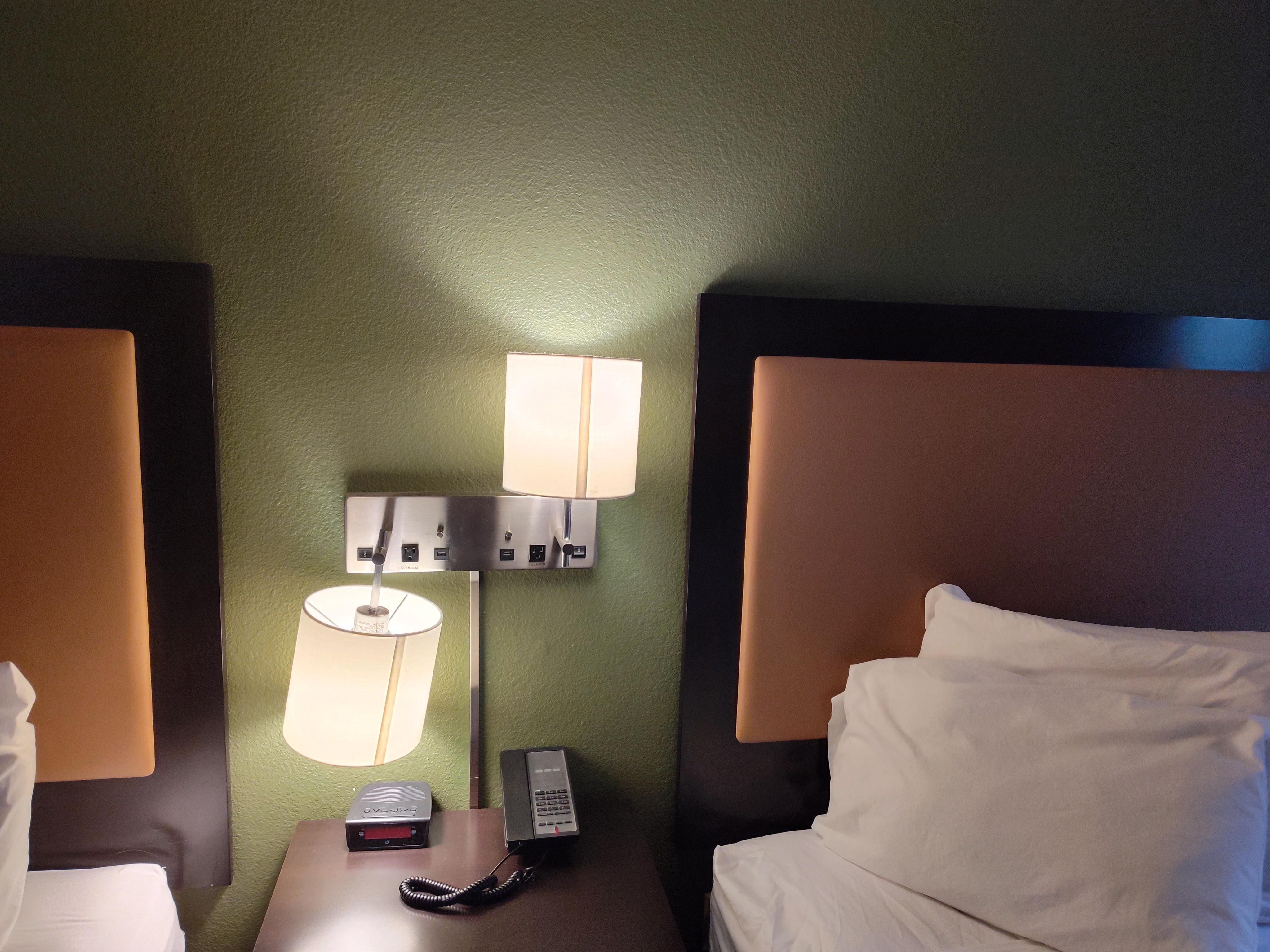 Bed side lamp ketp flipping upside-down. The light over the closet made a buzzing sound and only flickered. Location is in need of electrical work.We requested another room and the other room was in worse condition than the first one. 