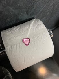 Det fanns små hjärtan eller en blomma på toarullen när vi ankom, otroligt gulligt!