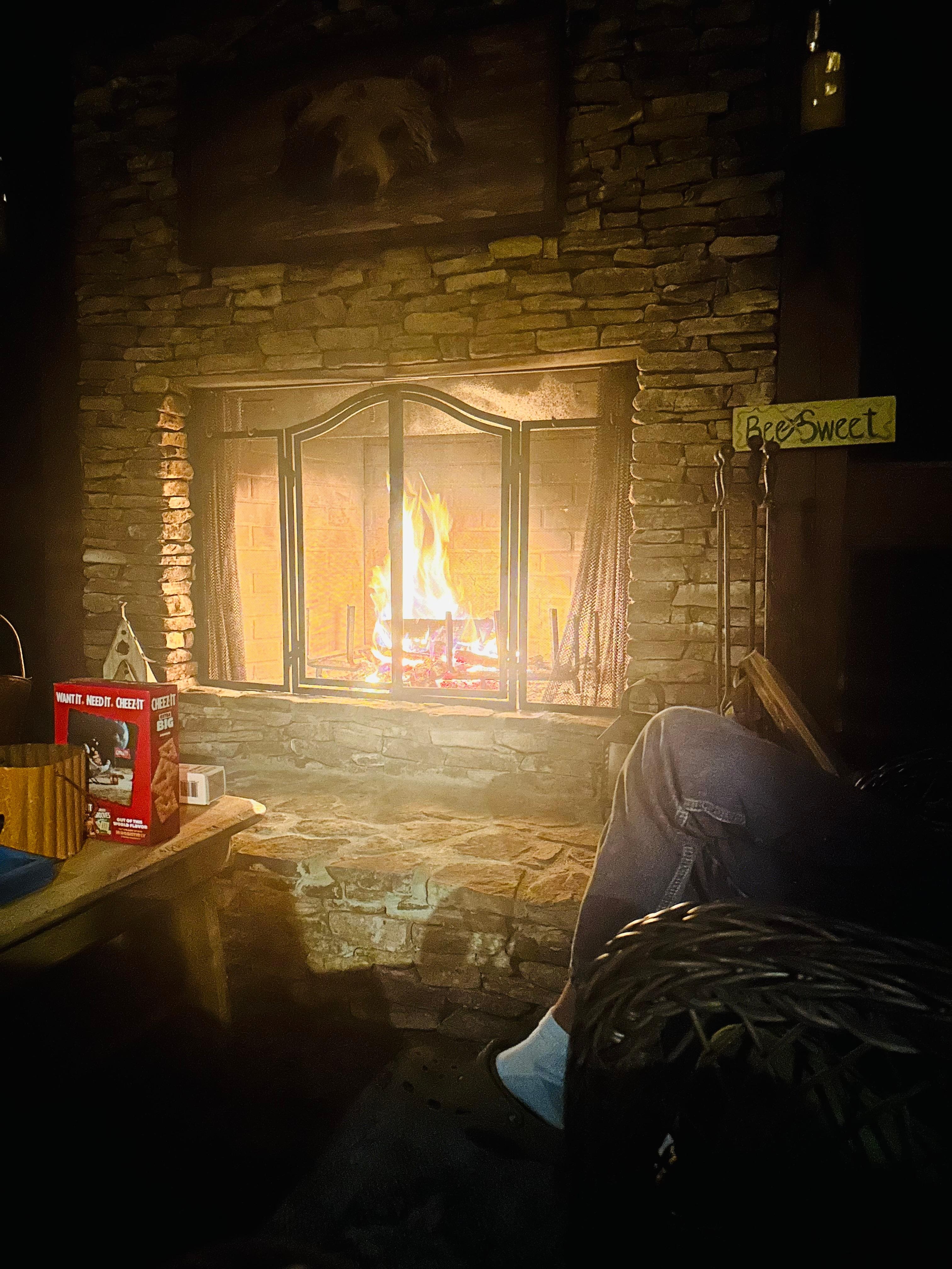 Outdoor fireplace my husband’s favorite spot. 