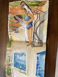 Finally, relaxing poolside. My sister relaxes by painting.😁