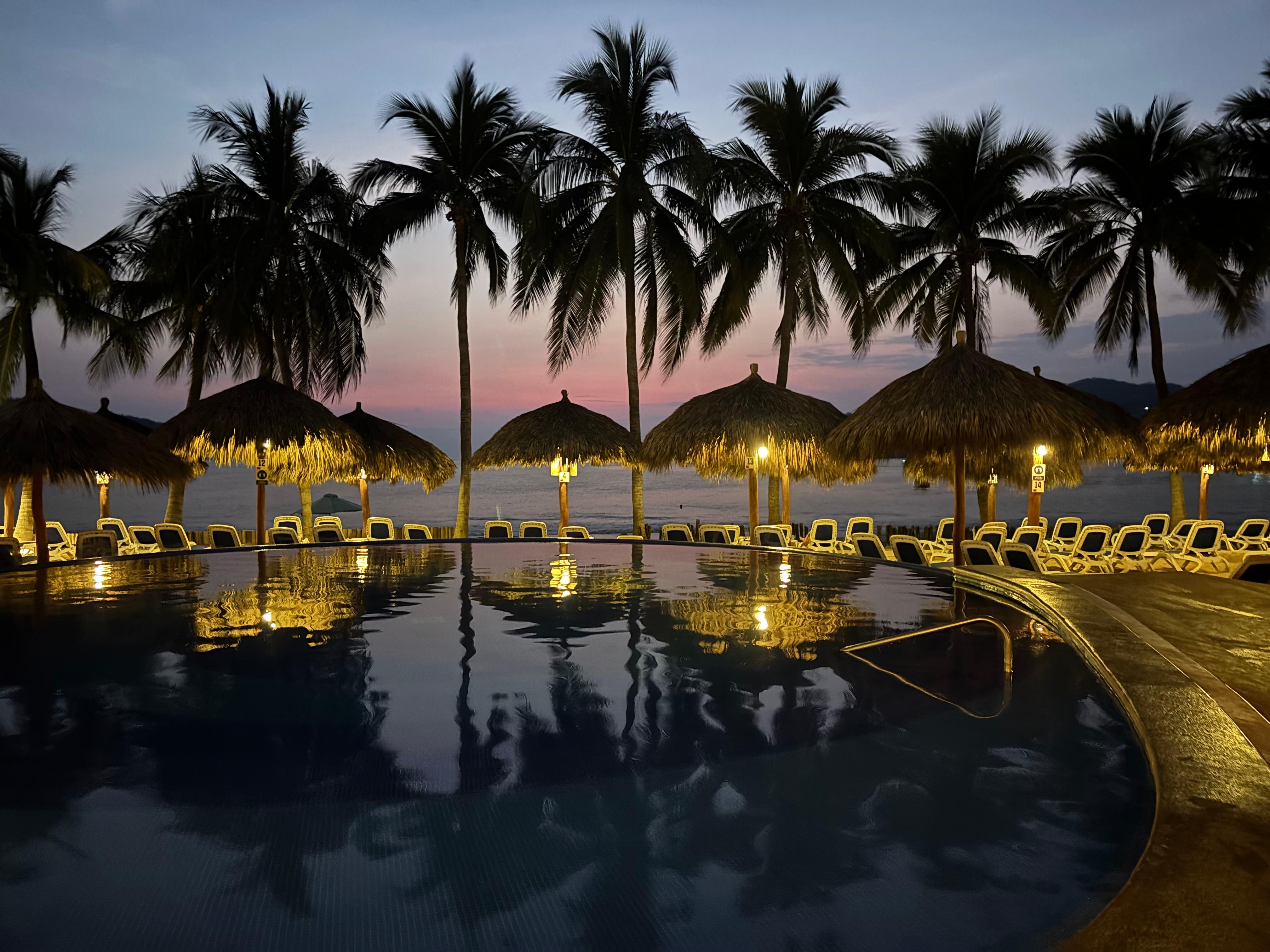 Pool area at sunset