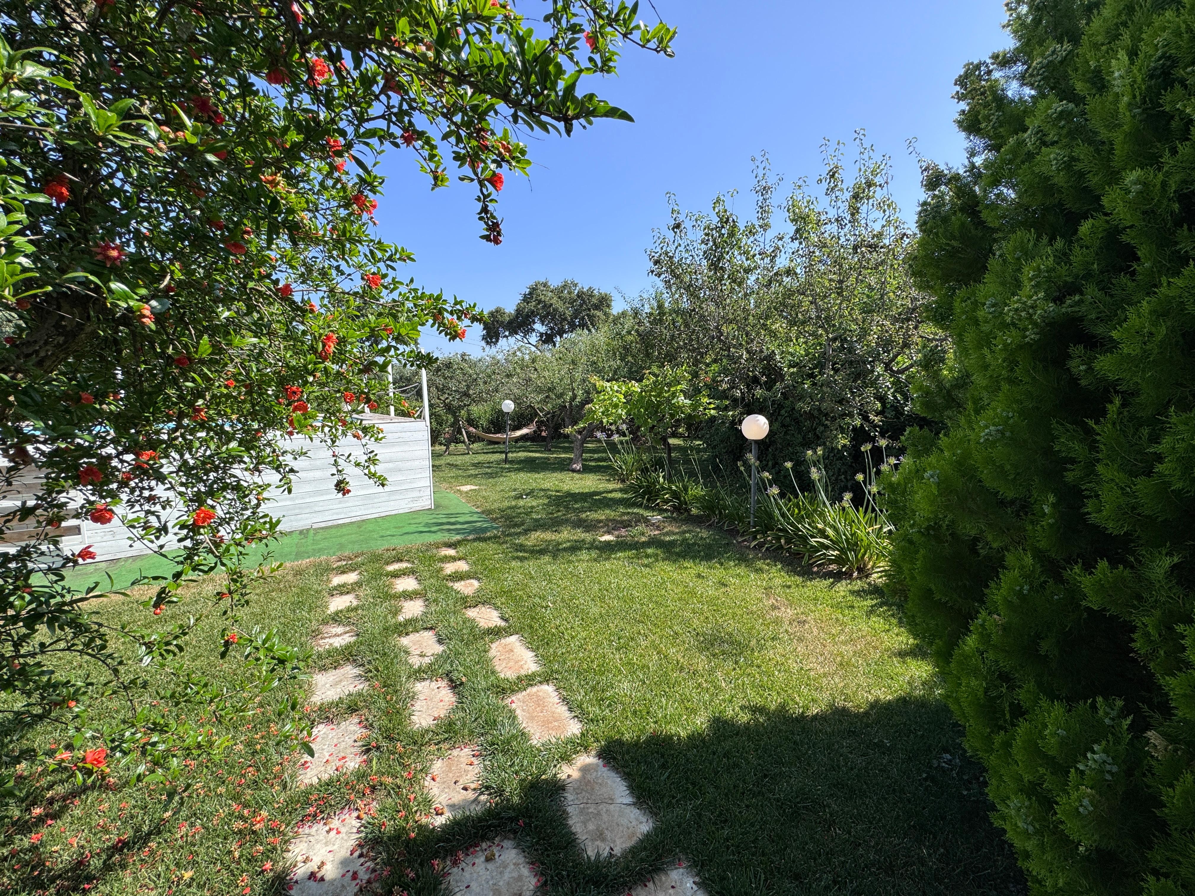 Ruime tuin met hangmat. 