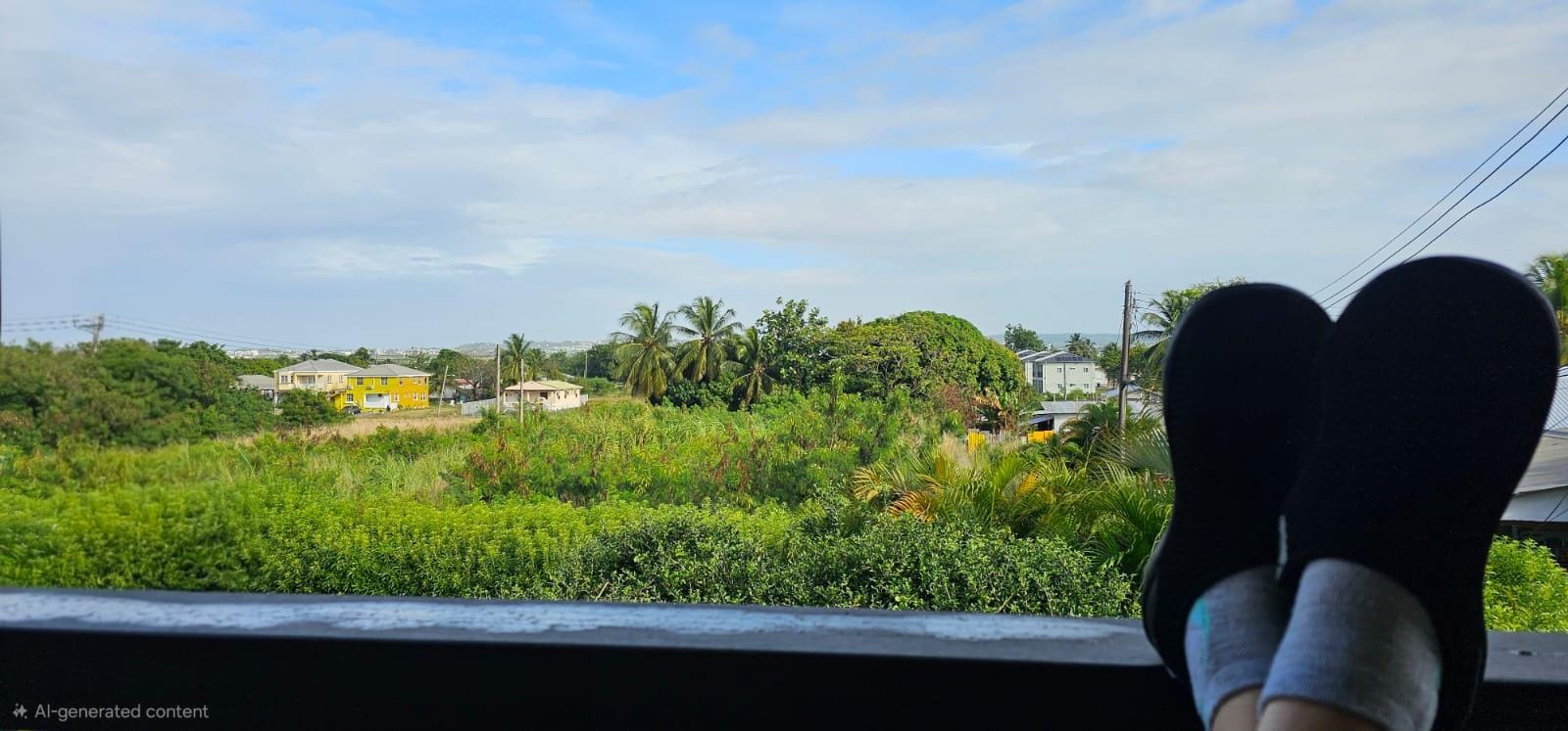 Feet up on the back deck of the rental home.