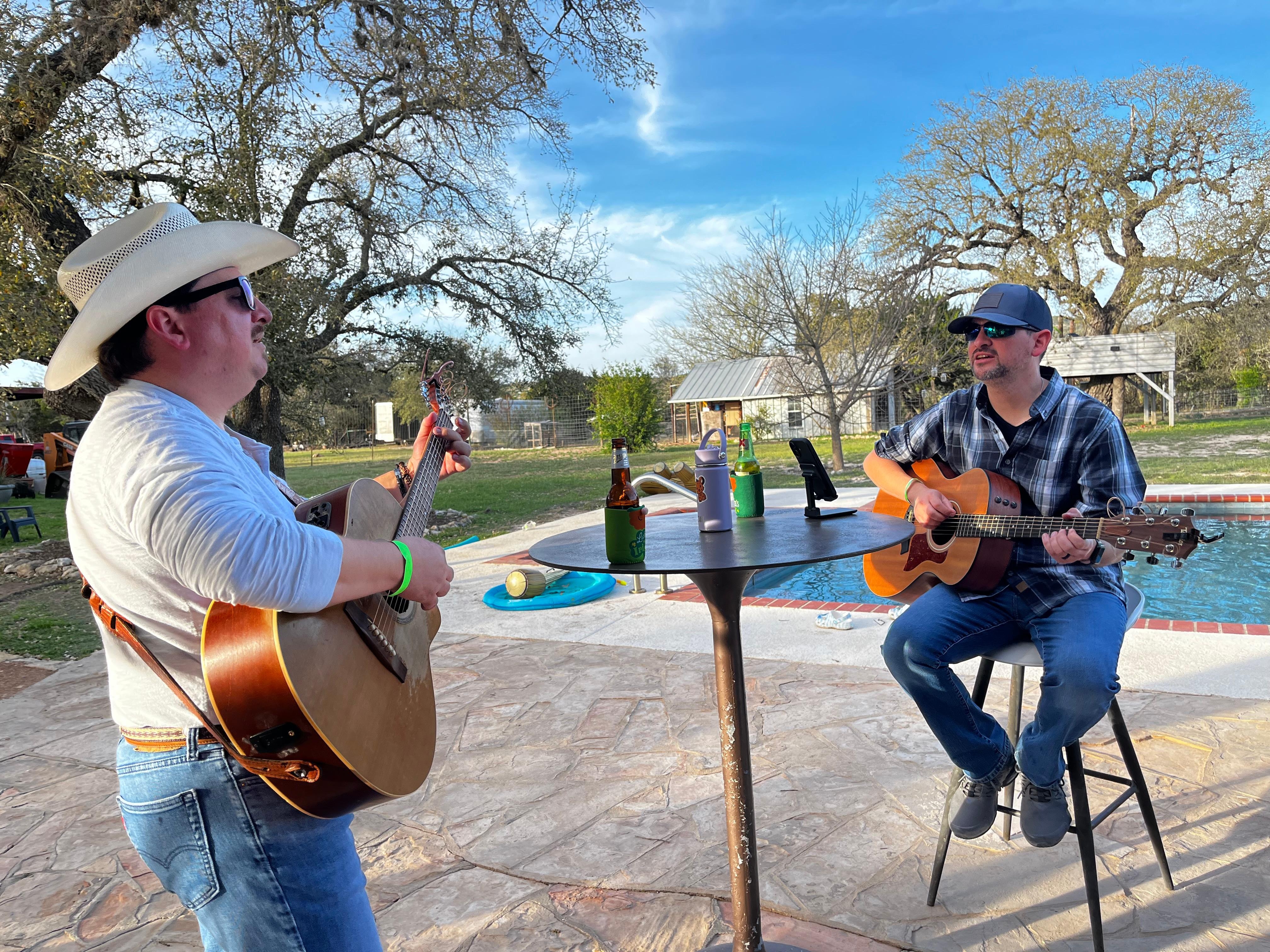 Playing guitars on the back deck 