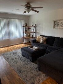 Nice living room downstairs with a comfy couch.