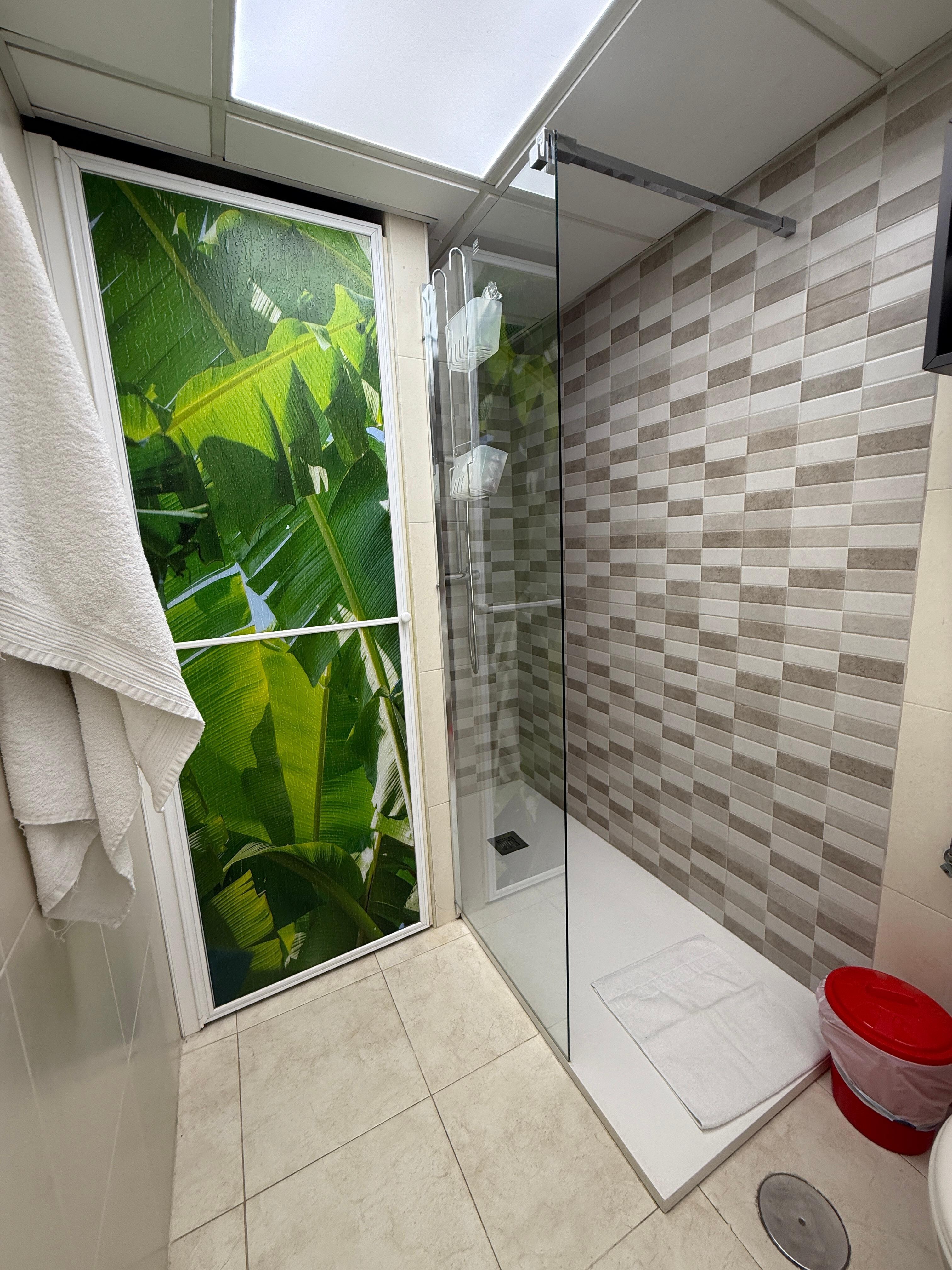 De douche )heel goede) en deur waarachter wasmachine