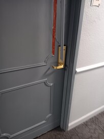 Door smashed in at 4am across the hall. Front desk clerk gave him permission at 4am to do it. Twilight Zone b.s.
