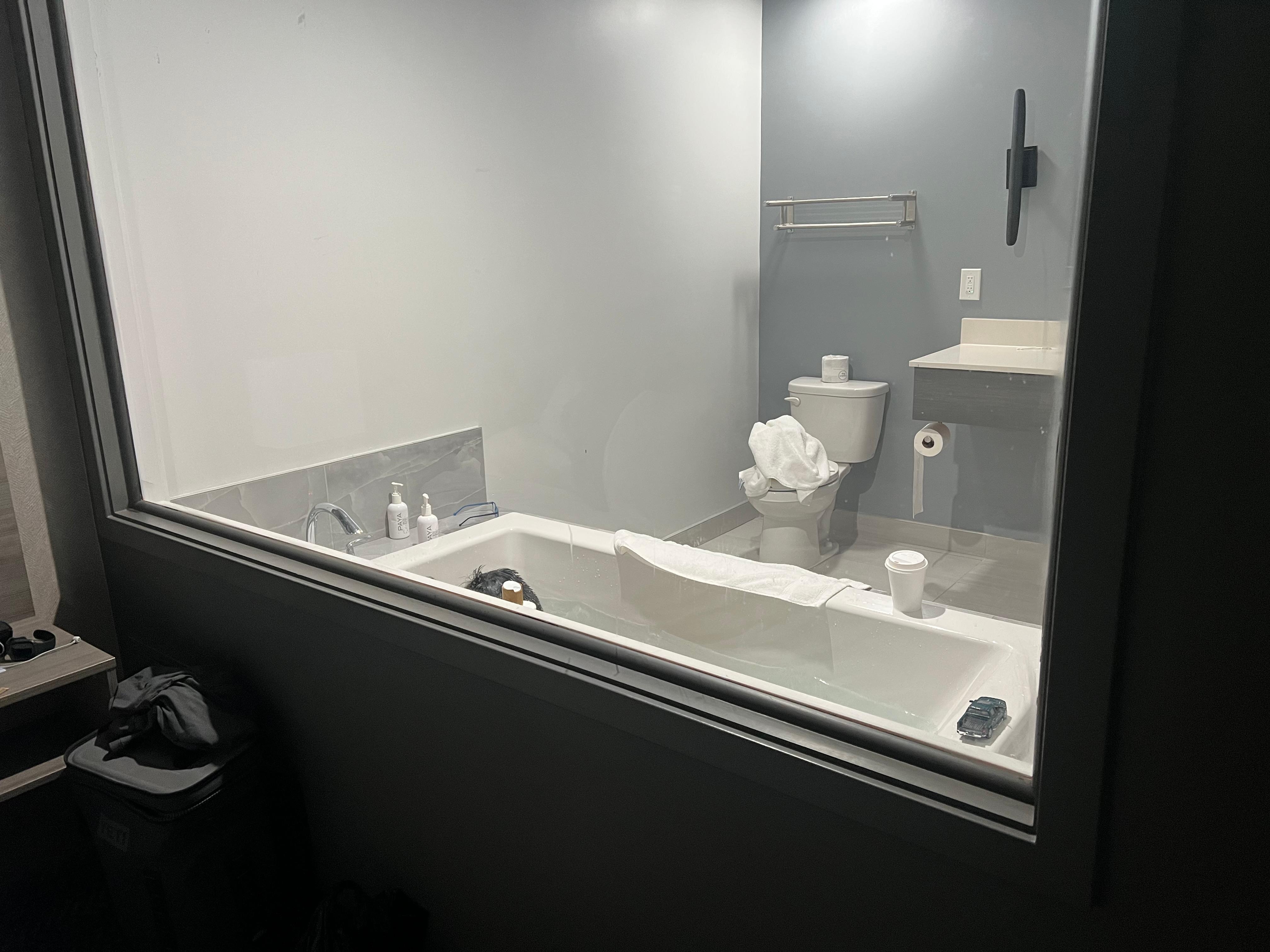 Large window between the room and the bathroom. Crazy. 