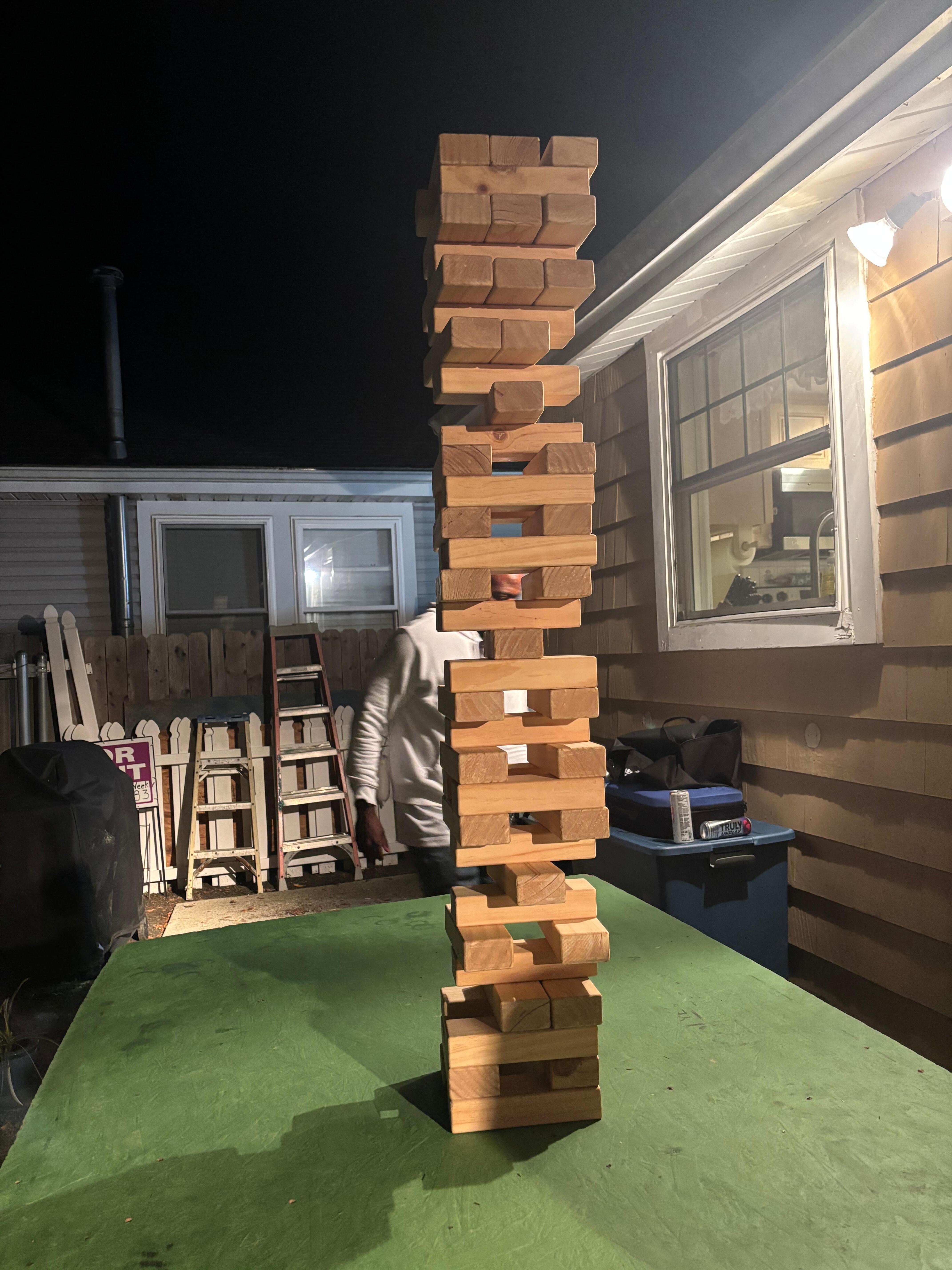 Jenga on the patio. 