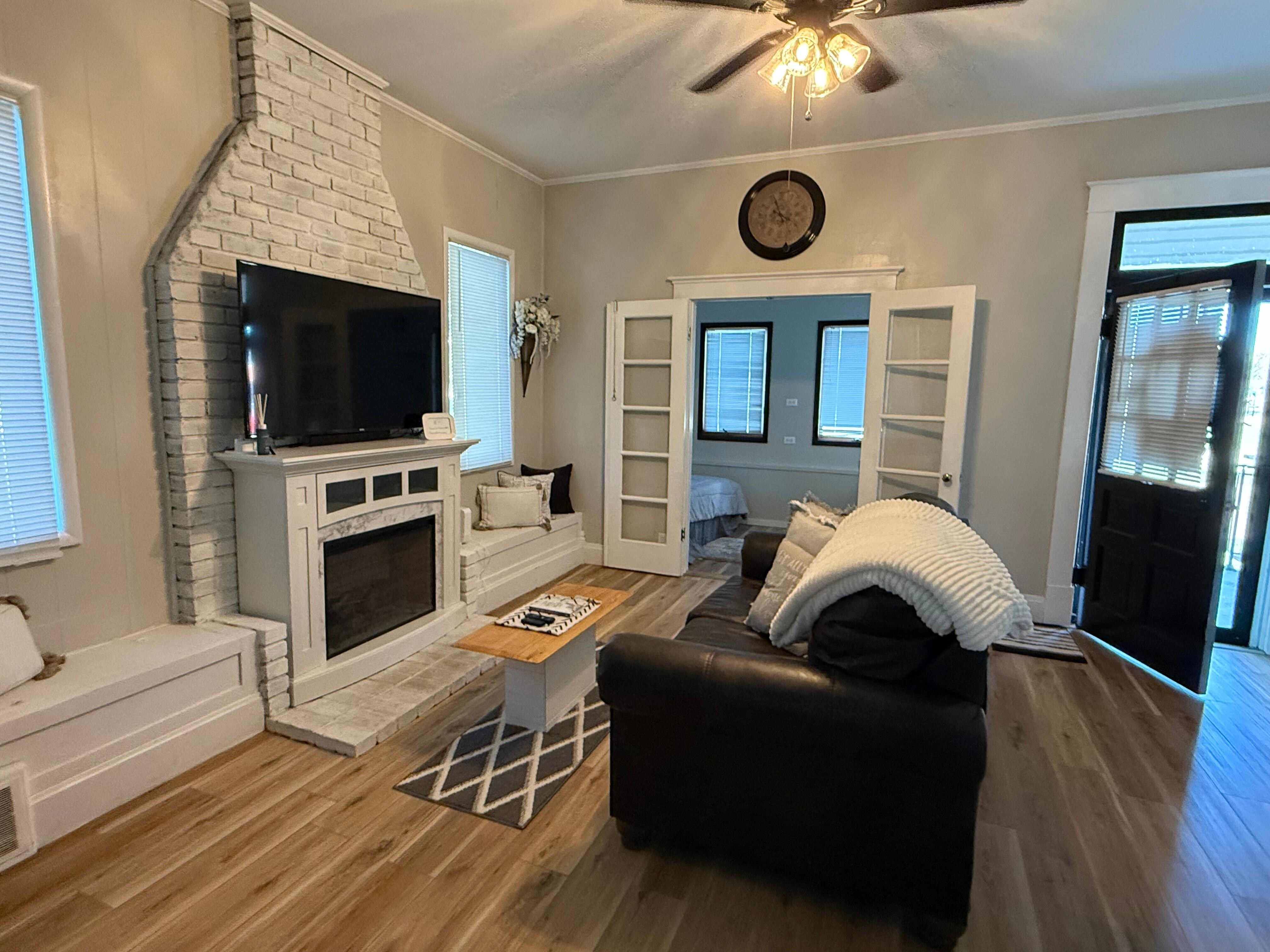 View from the kitchen, looking into the living room area