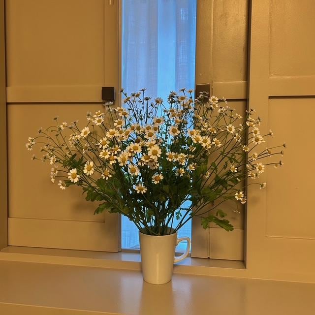 部屋のマグカップにカモミールを飾りました。