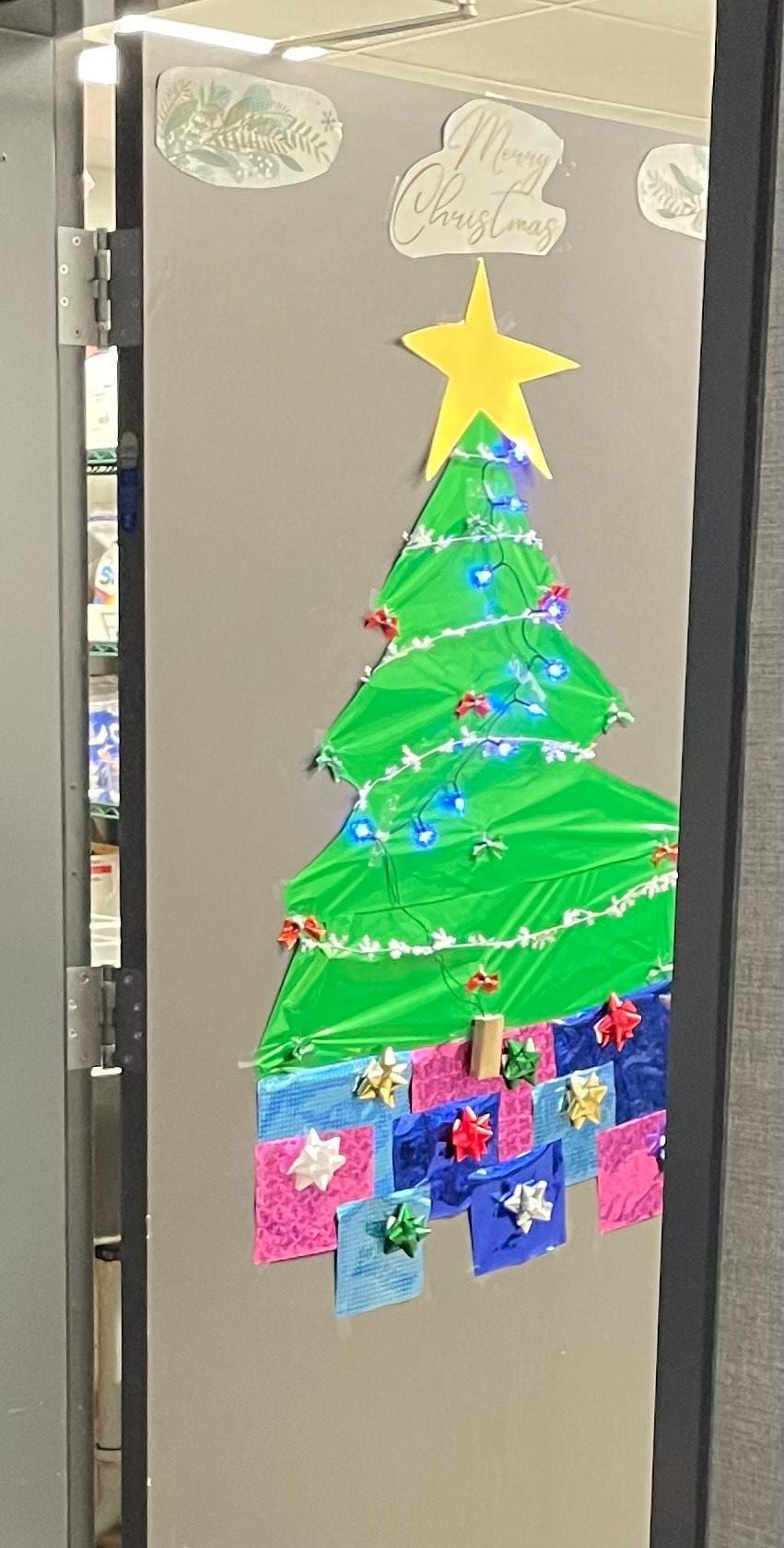 Holiday cheer leading into hotel workers' work space.