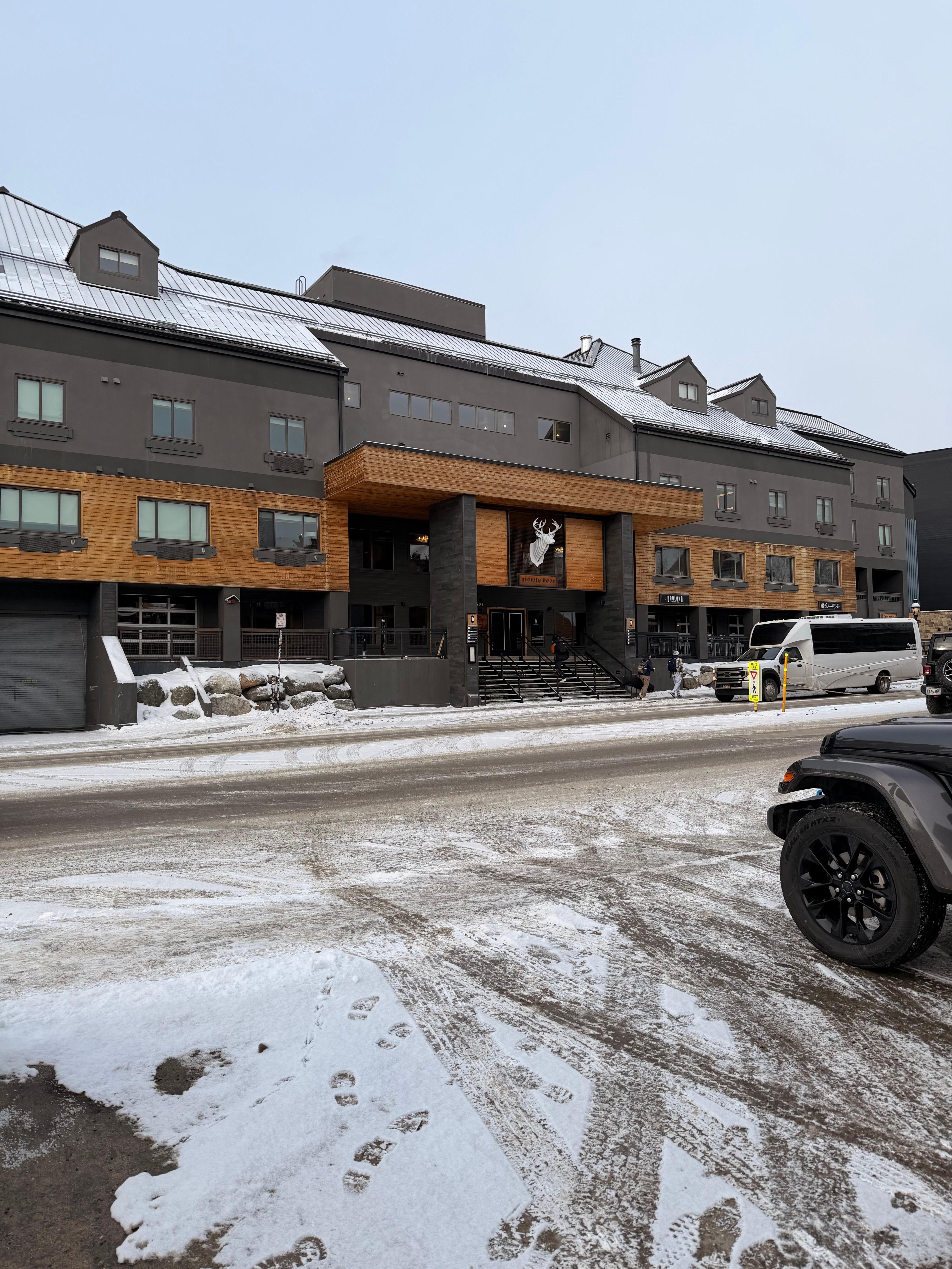 Front of the hotel located on the main road through town 