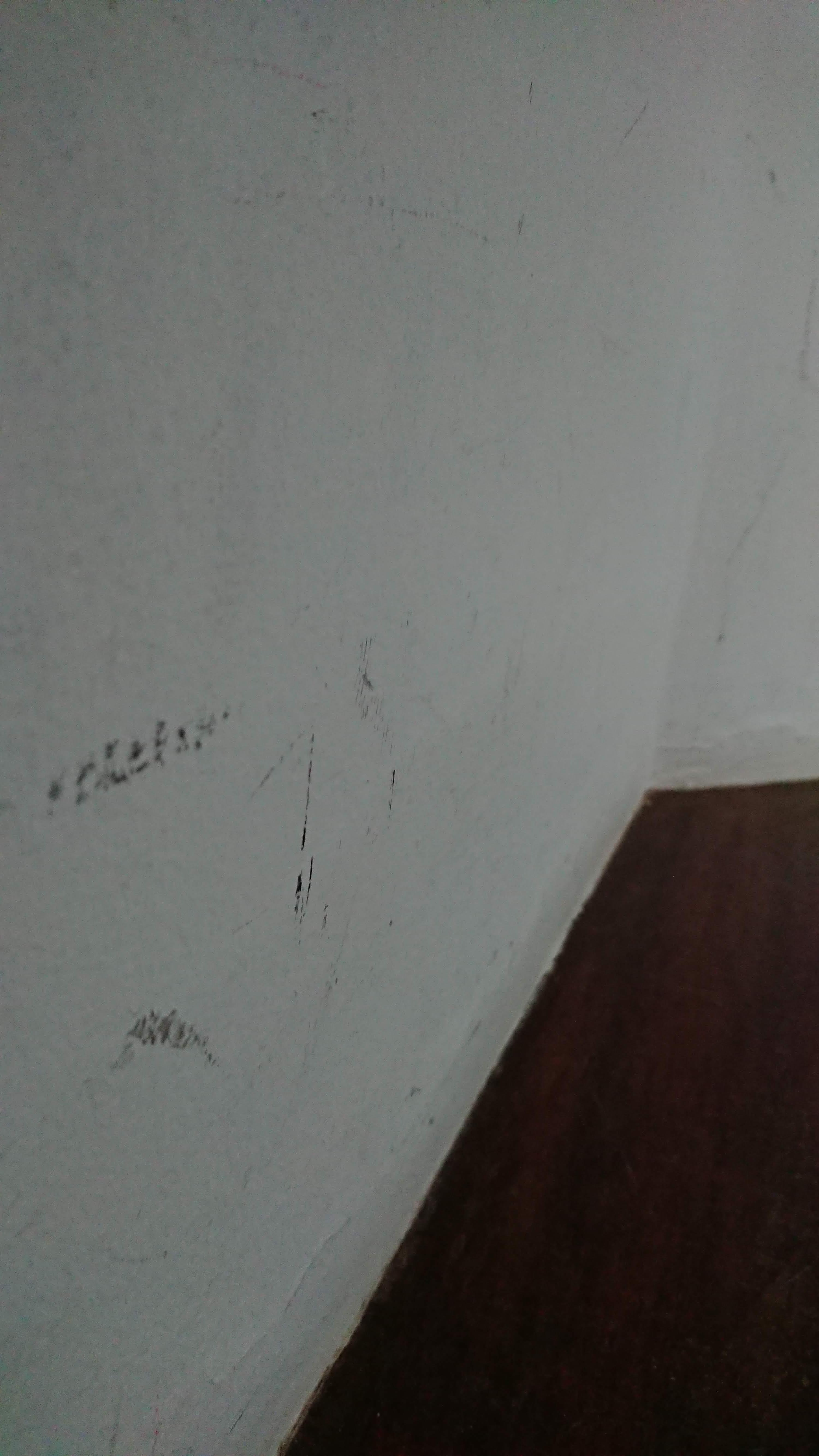 All walls marked and damaged, faded paint and dirt throughout.