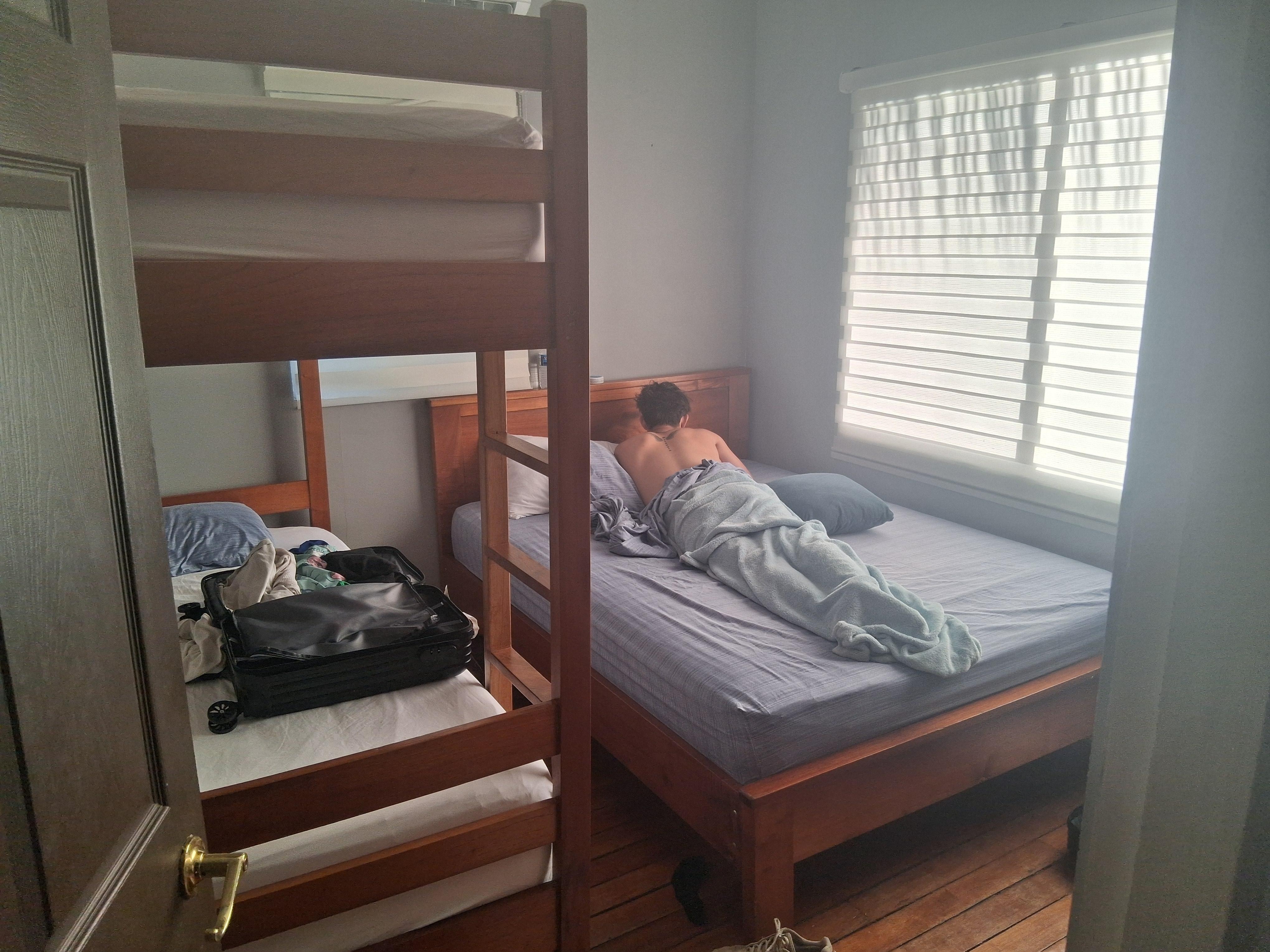 Beds for 3 plus there is a master with a queen