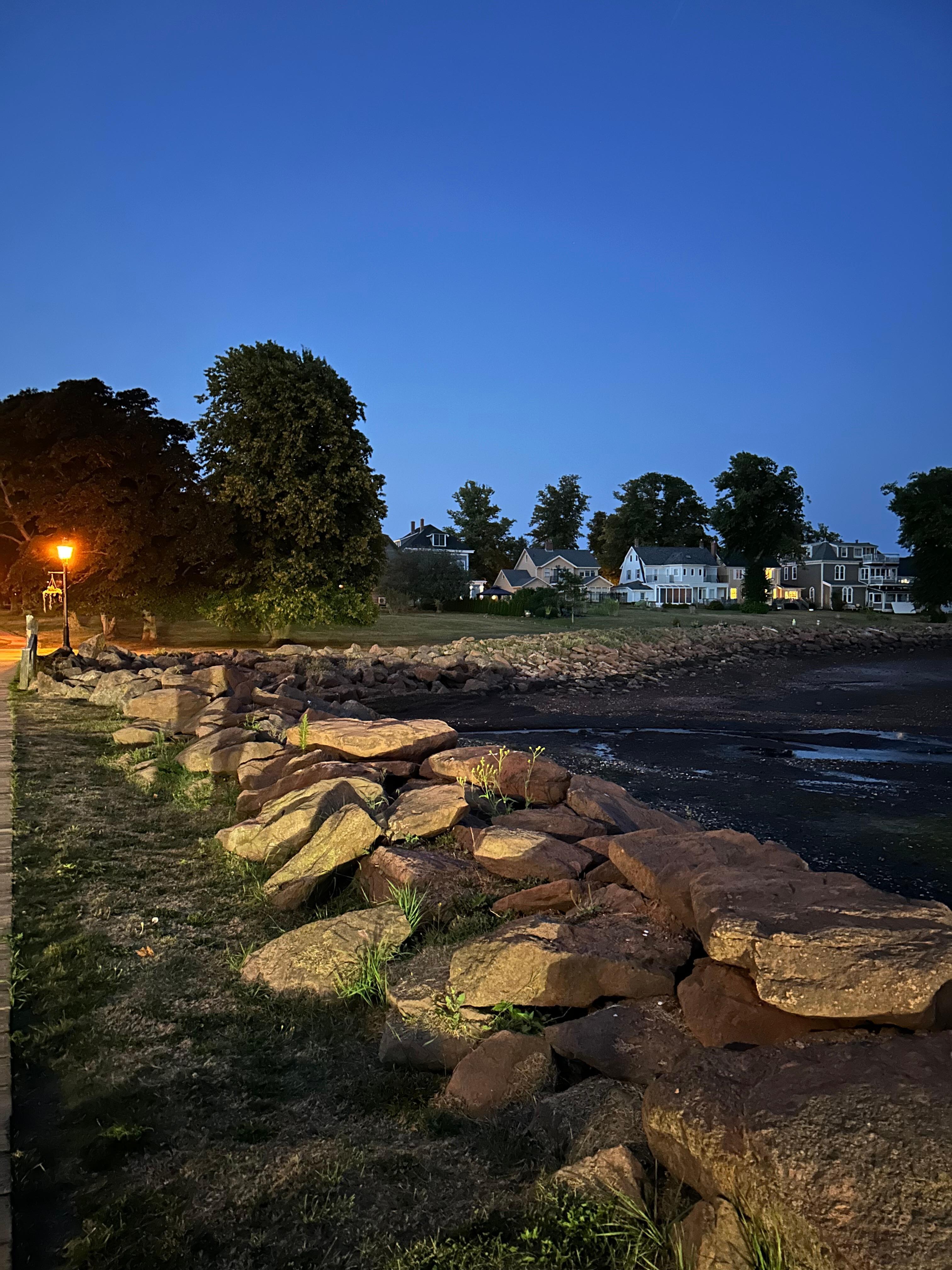 Vu du terrain arrière des maisons  de la rue à partir du trottoir de bois