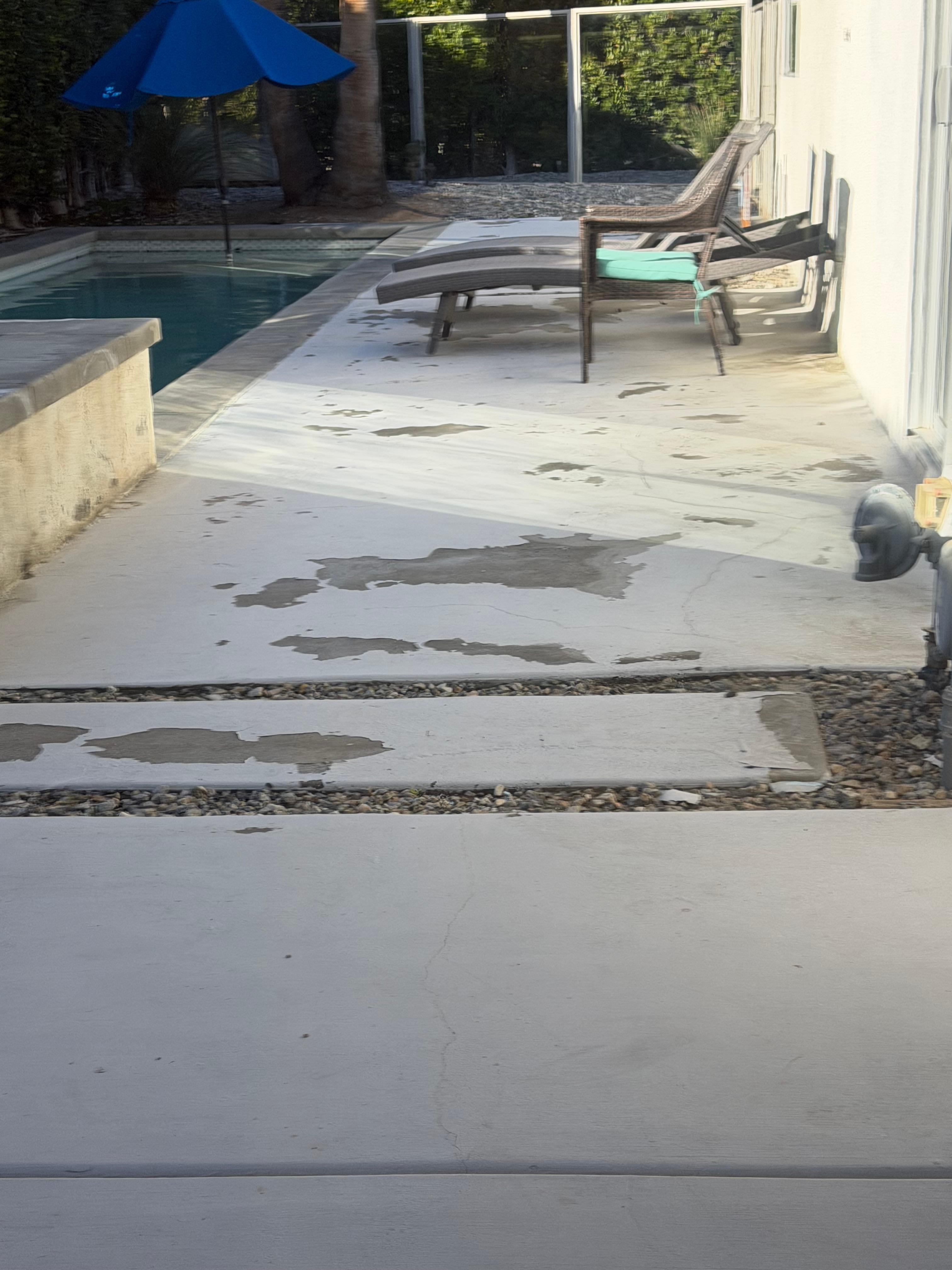 Pool deck peeling paint, caught on feet & pool shoes. 