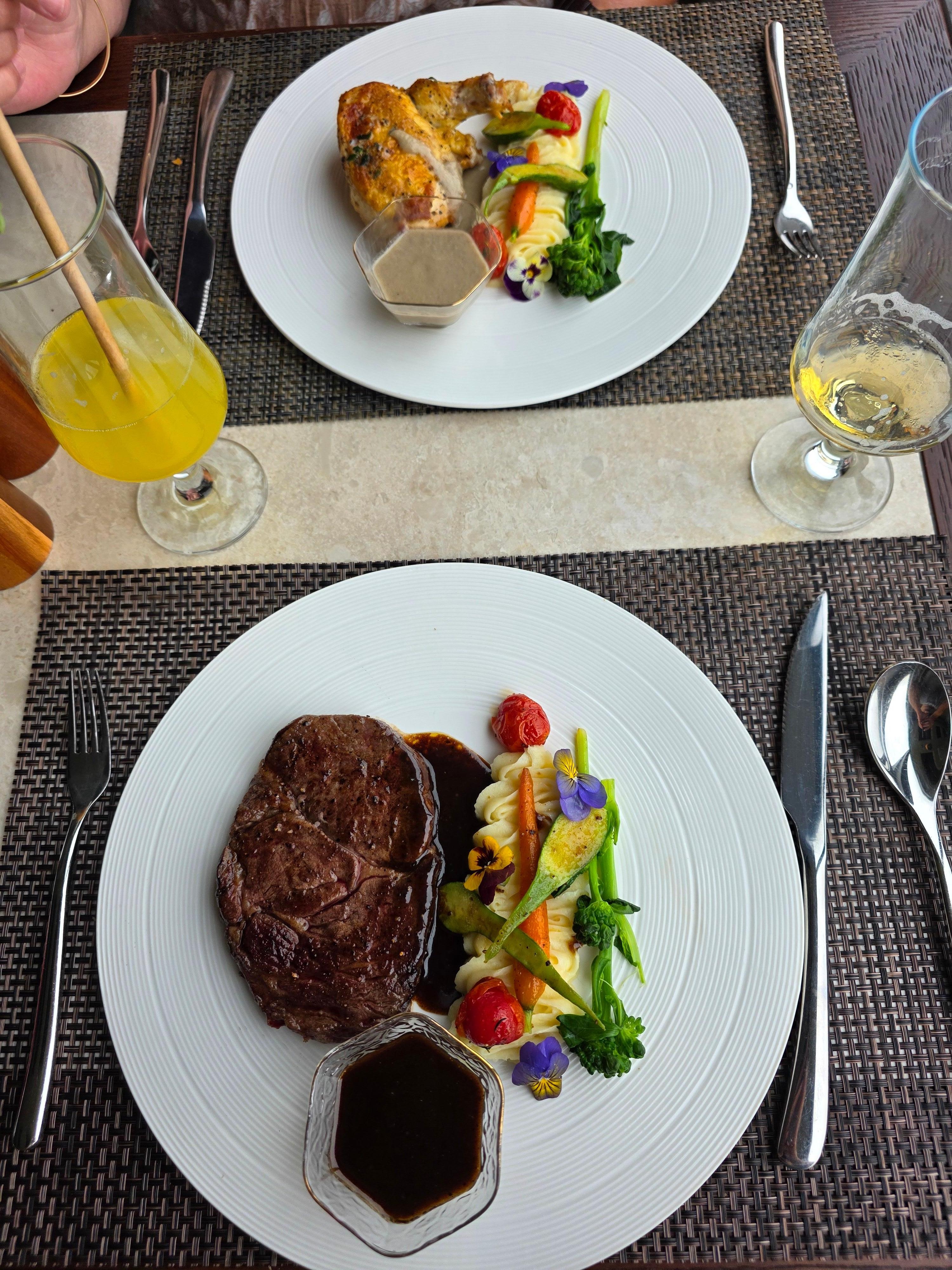Roasted chicken breast and Black Angus Steak
