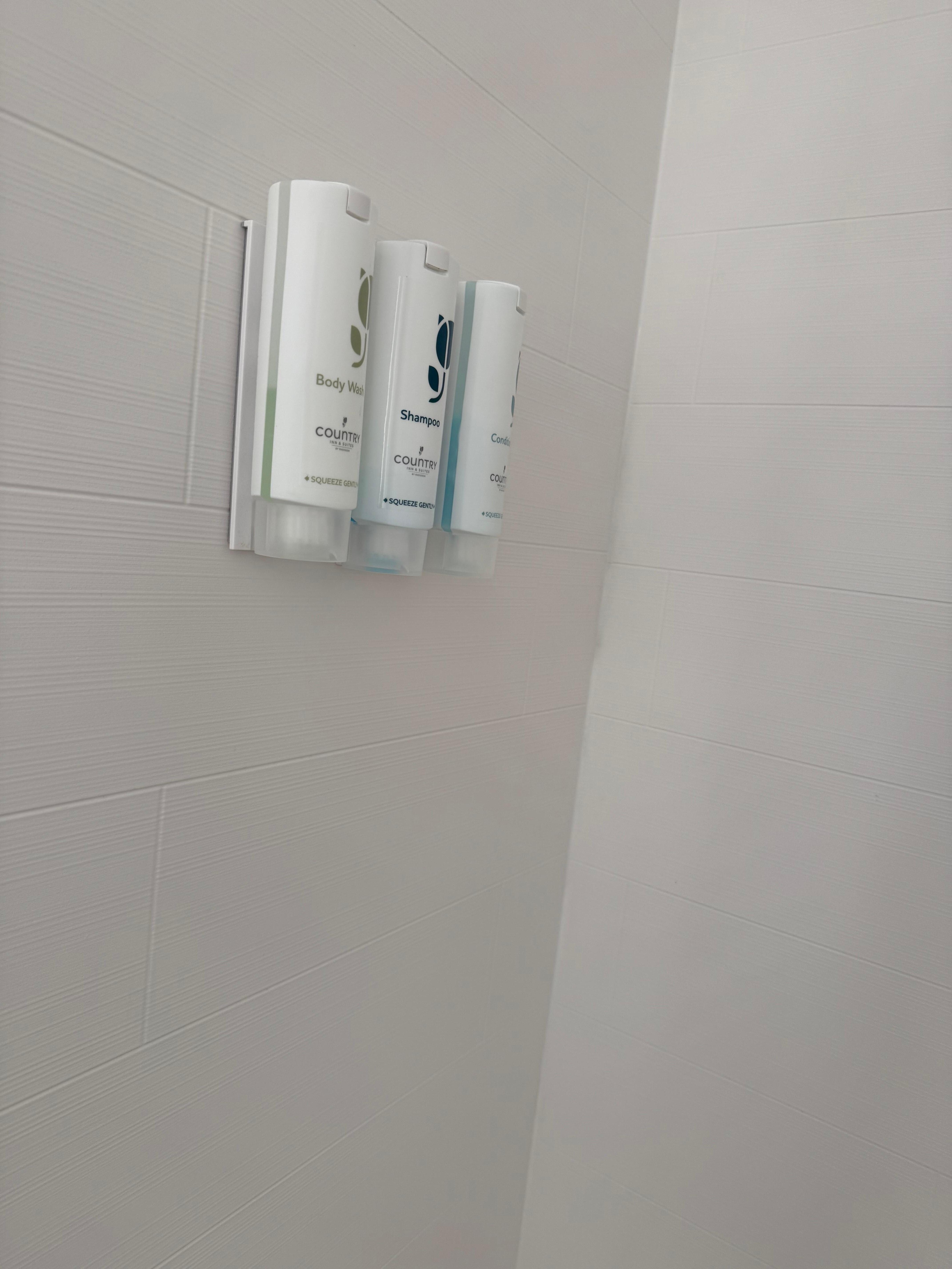Shampoo, conditioner and body soap dispenser in the shower, not those tiny little bottles like most hotels. 
