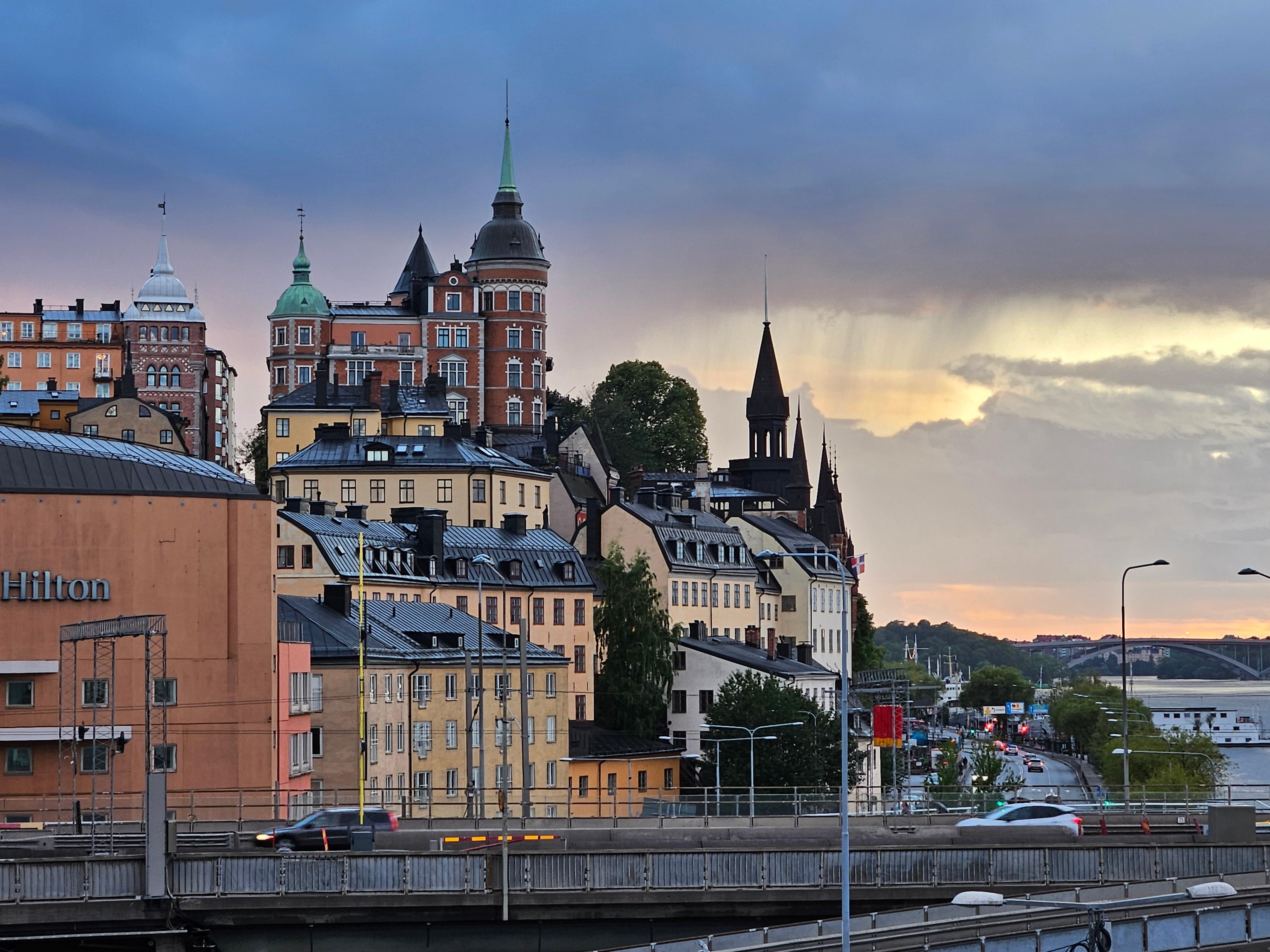 View of Hilton Hotel alongside Stockholm city sunset