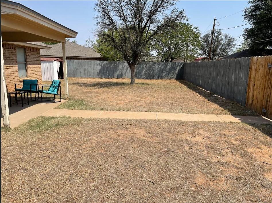 The bare back yard - zoom in and you can see the granuals of white fertilizer all over the ground. Ants were all over the yard/tree/patio.
