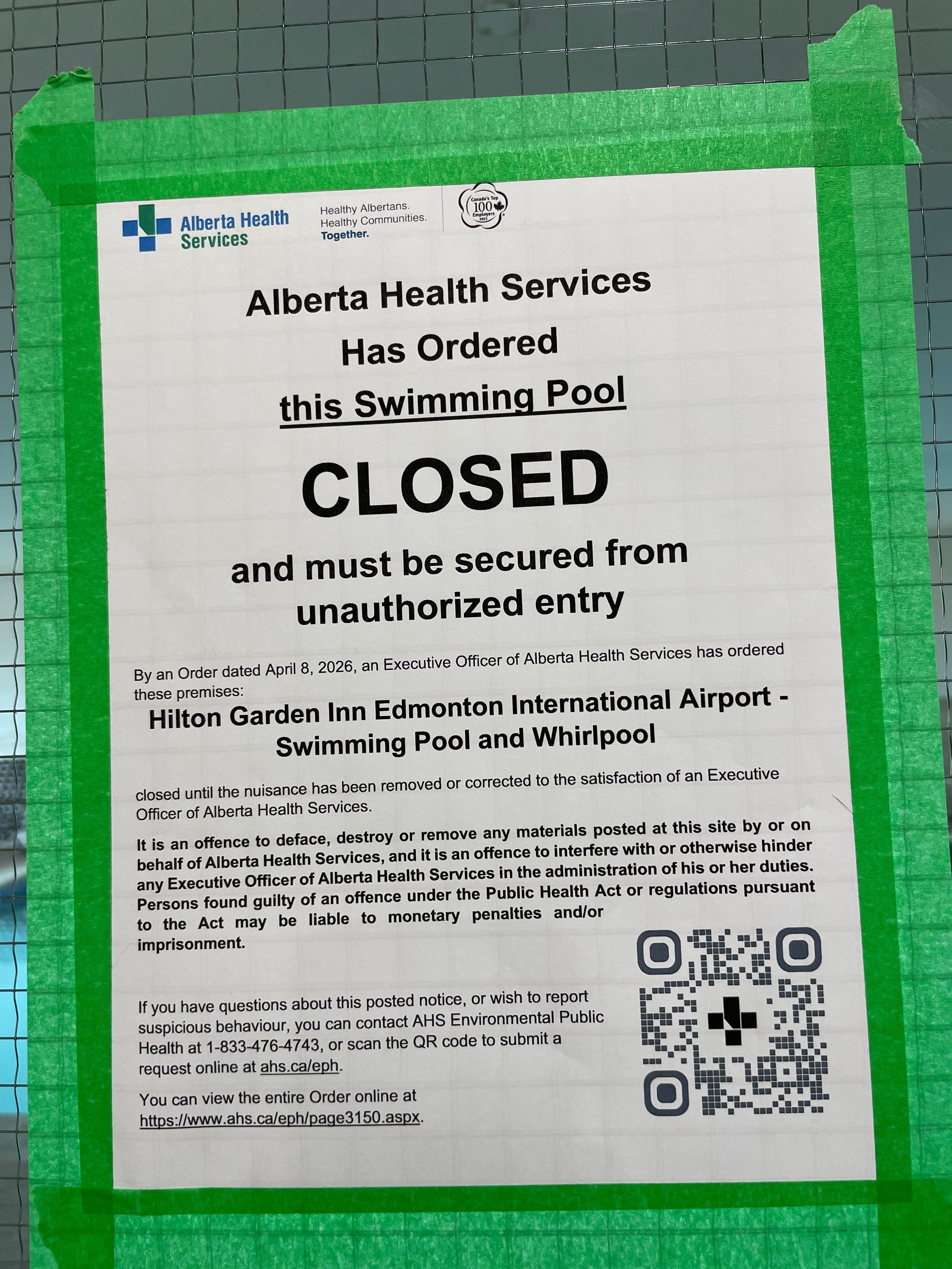 Letter the pool had to be closed by Alberta Health Services 