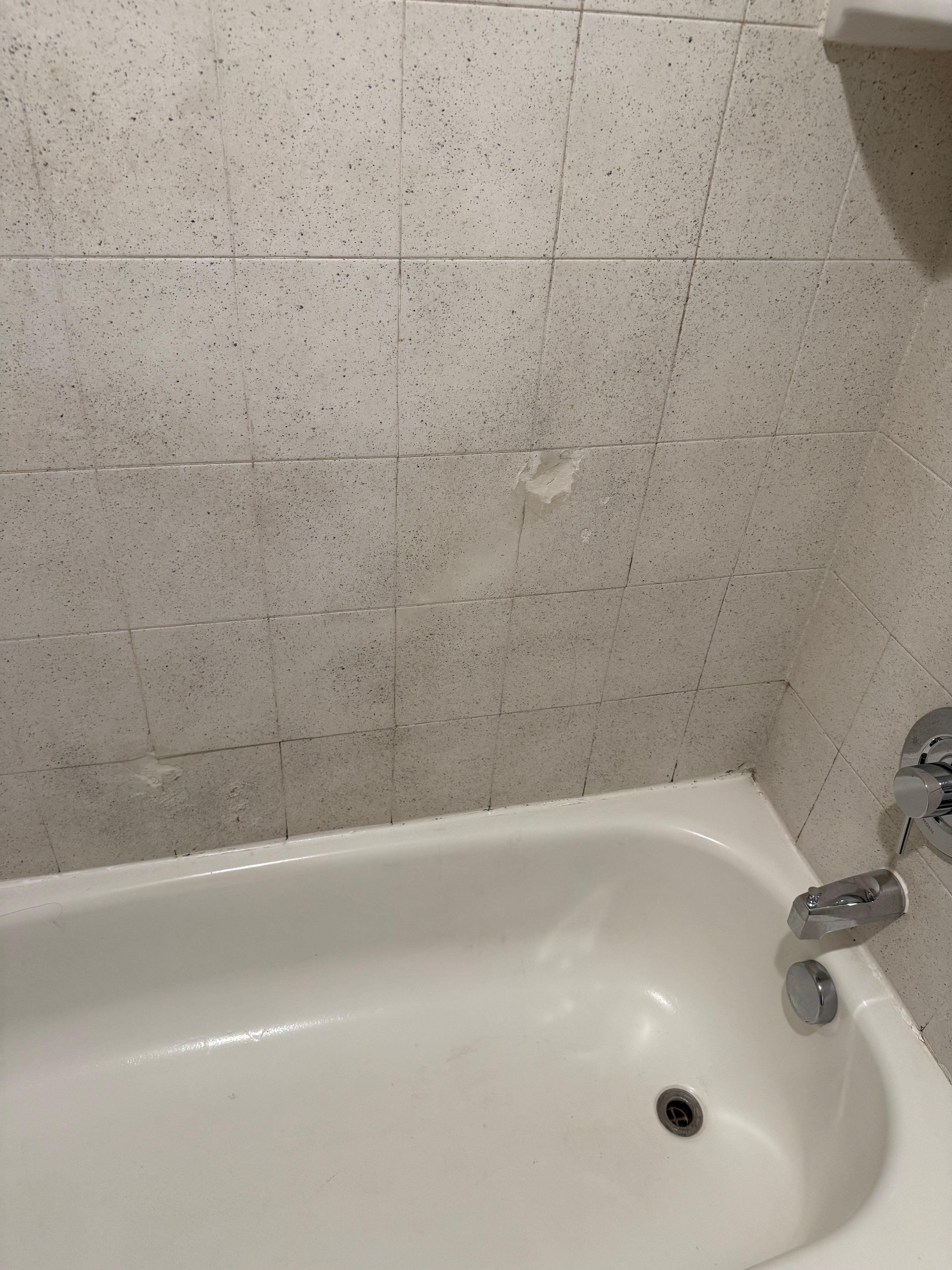 Tile patched up. Looked like mold in the corner. Had to plug tub with a towel to take a bath.