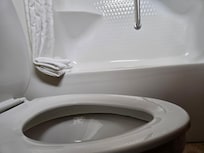 Toilet sits below the top of the side of the tub